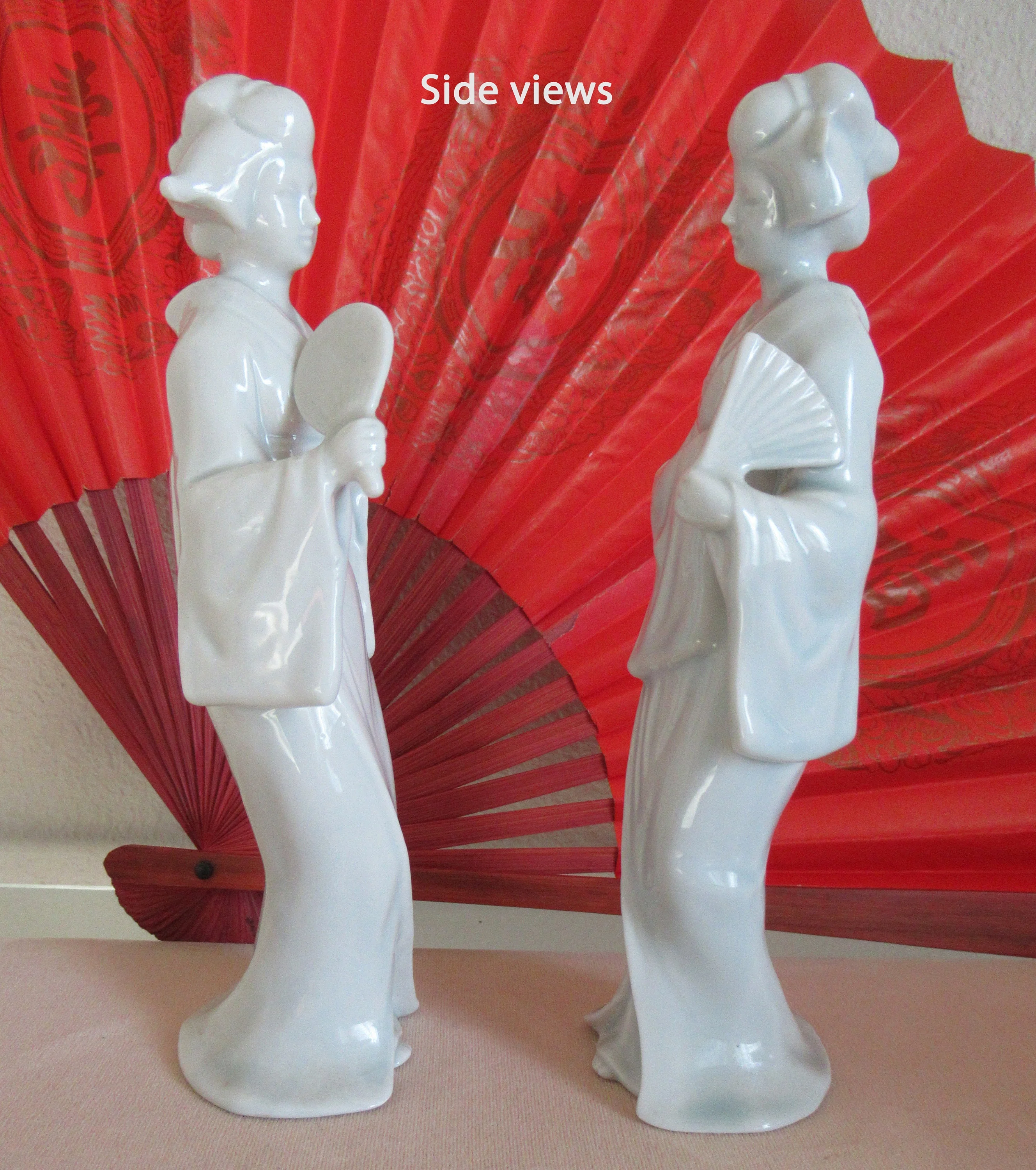 Pair of Female Figurines Shafford Japan Logo On Base, Shiny White Porcelain, 7 Inch Tall, Made Between 40s To 70s, Charming - Image 8