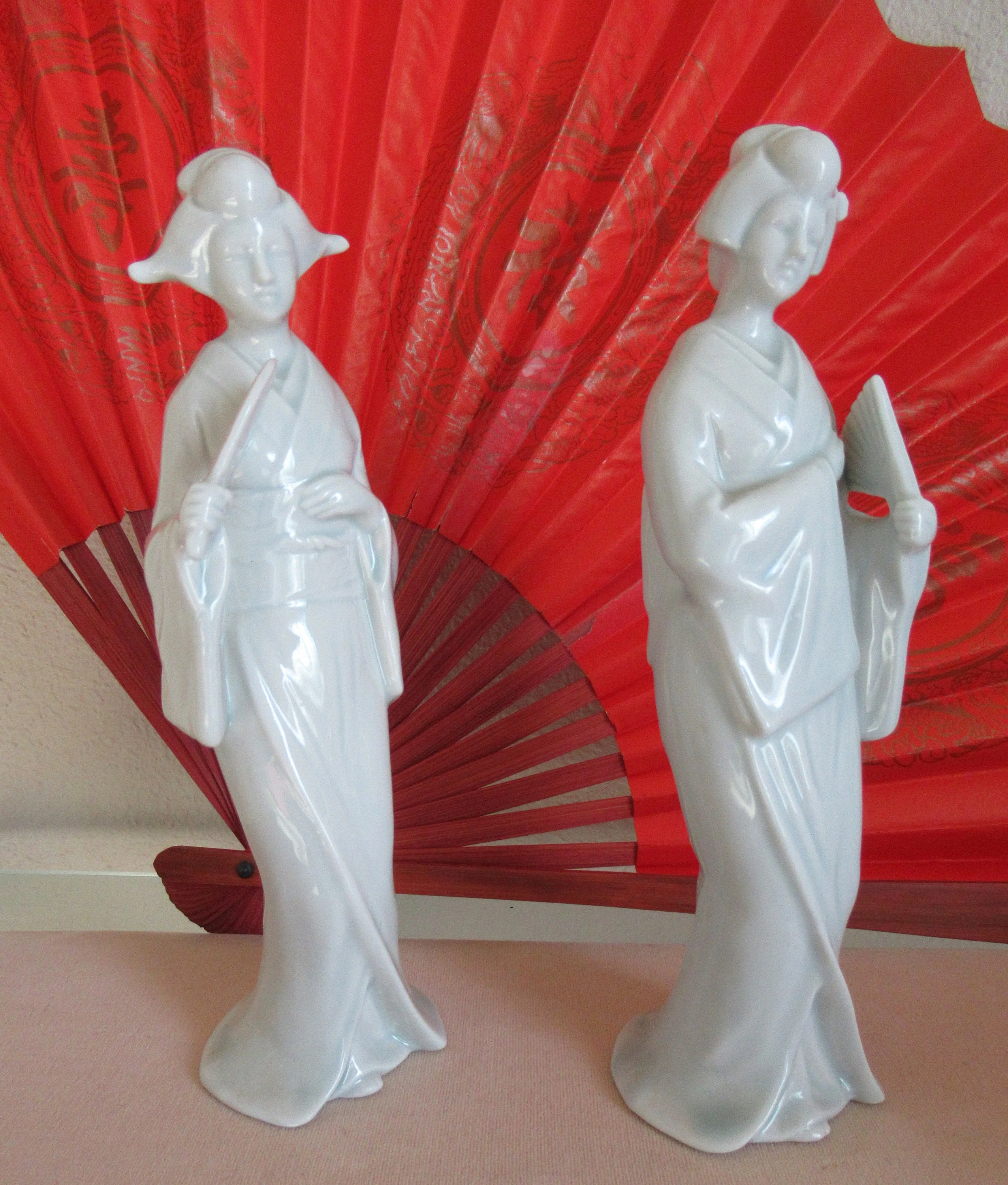 Pair of Female Figurines Shafford Japan Logo On Base, Shiny White Porcelain, 7 Inch Tall, Made Between 40s To 70s, Charming - Image 9