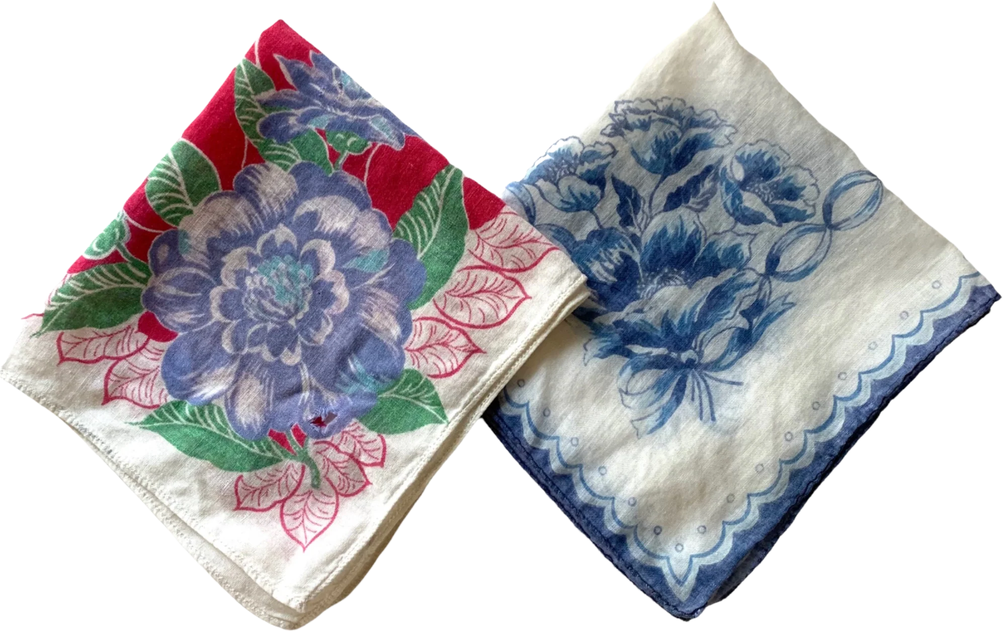 Pair of Vintage Handkerchiefs Print 50s Cotton Lawn Floral Blue Pink Flaw 11"