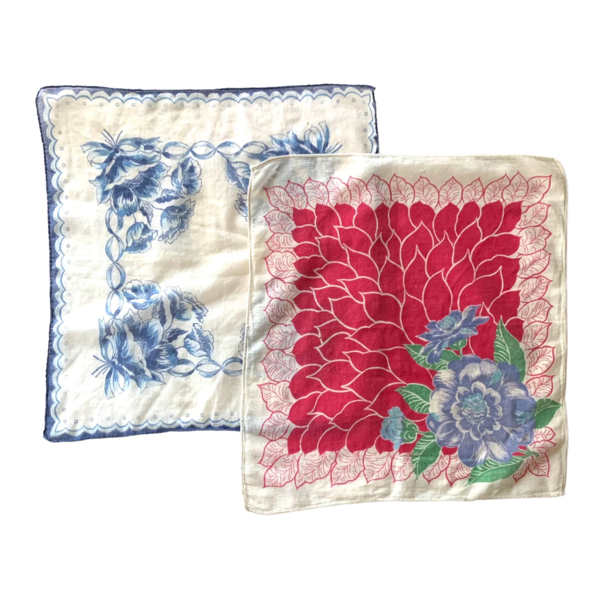 Pair of Vintage Handkerchiefs Print 50s Cotton Lawn Floral Blue Pink Flaw 11" - Image 2