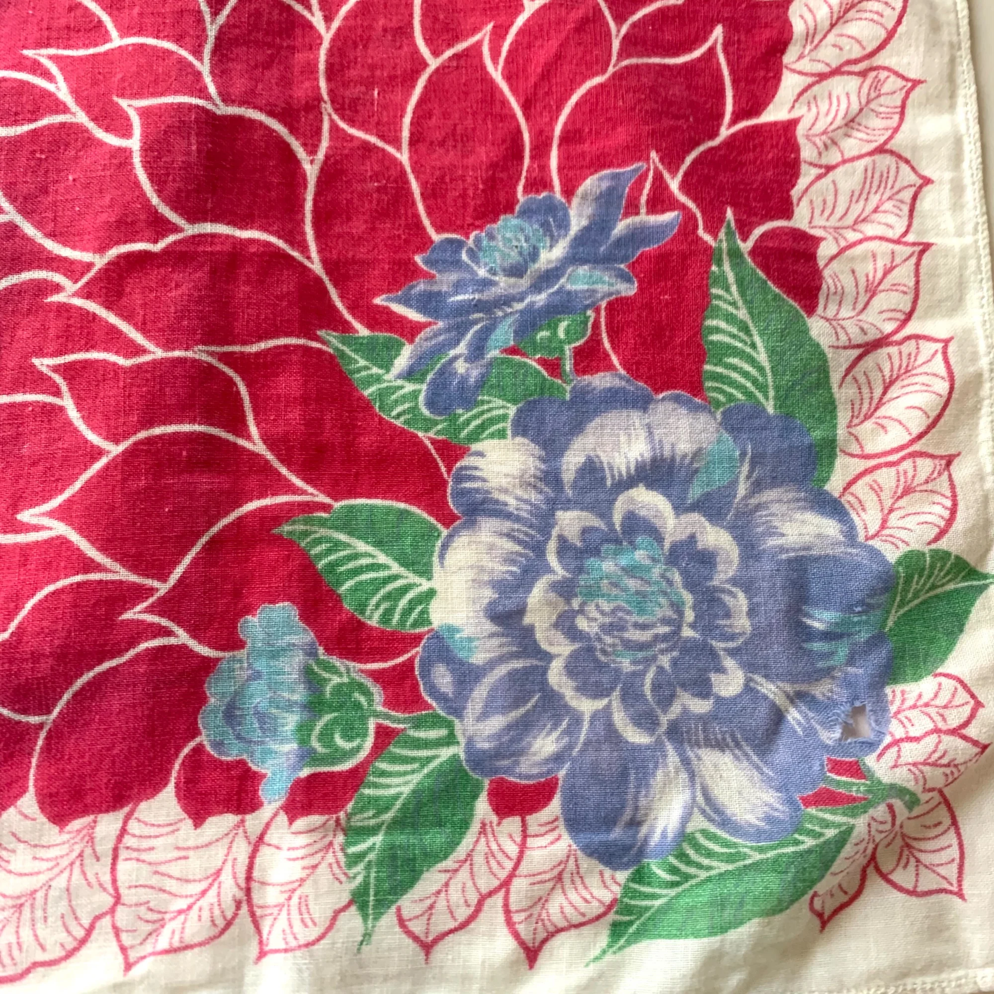 Pair of Vintage Handkerchiefs Print 50s Cotton Lawn Floral Blue Pink Flaw 11" - Image 3