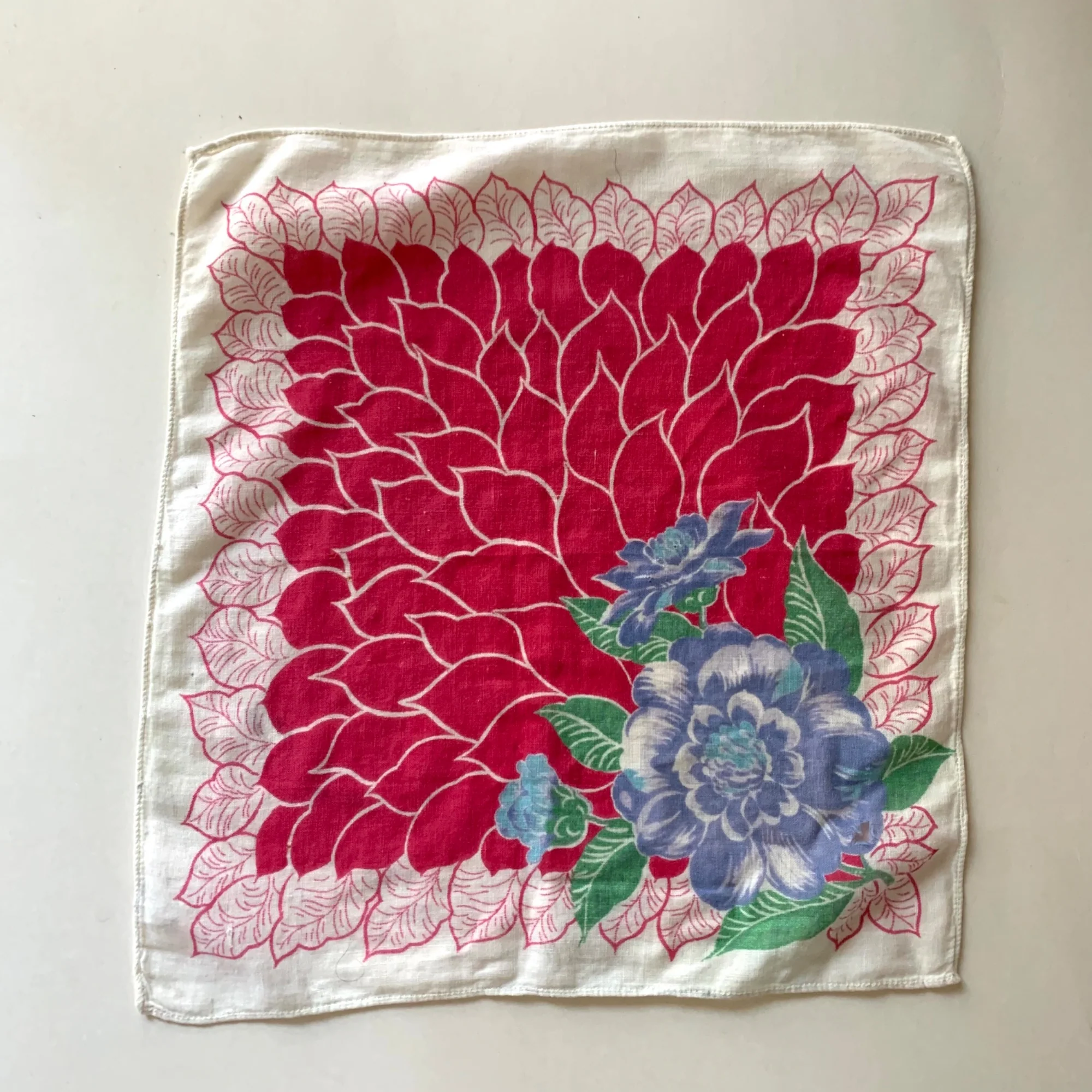 Pair of Vintage Handkerchiefs Print 50s Cotton Lawn Floral Blue Pink Flaw 11" - Image 4