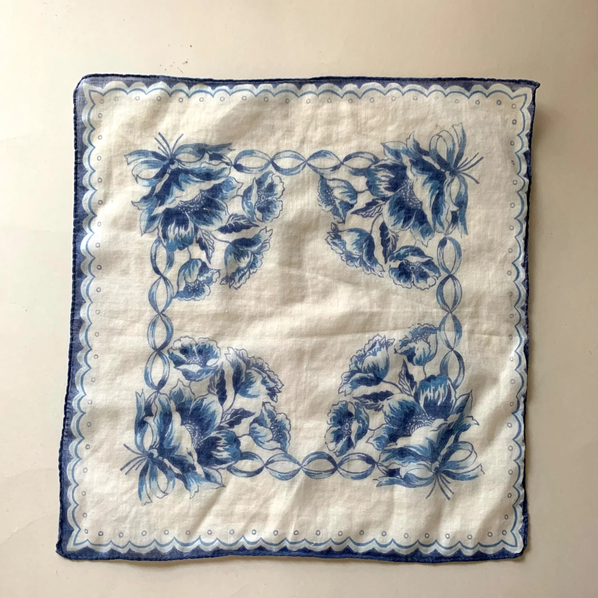 Pair of Vintage Handkerchiefs Print 50s Cotton Lawn Floral Blue Pink Flaw 11" - Image 5