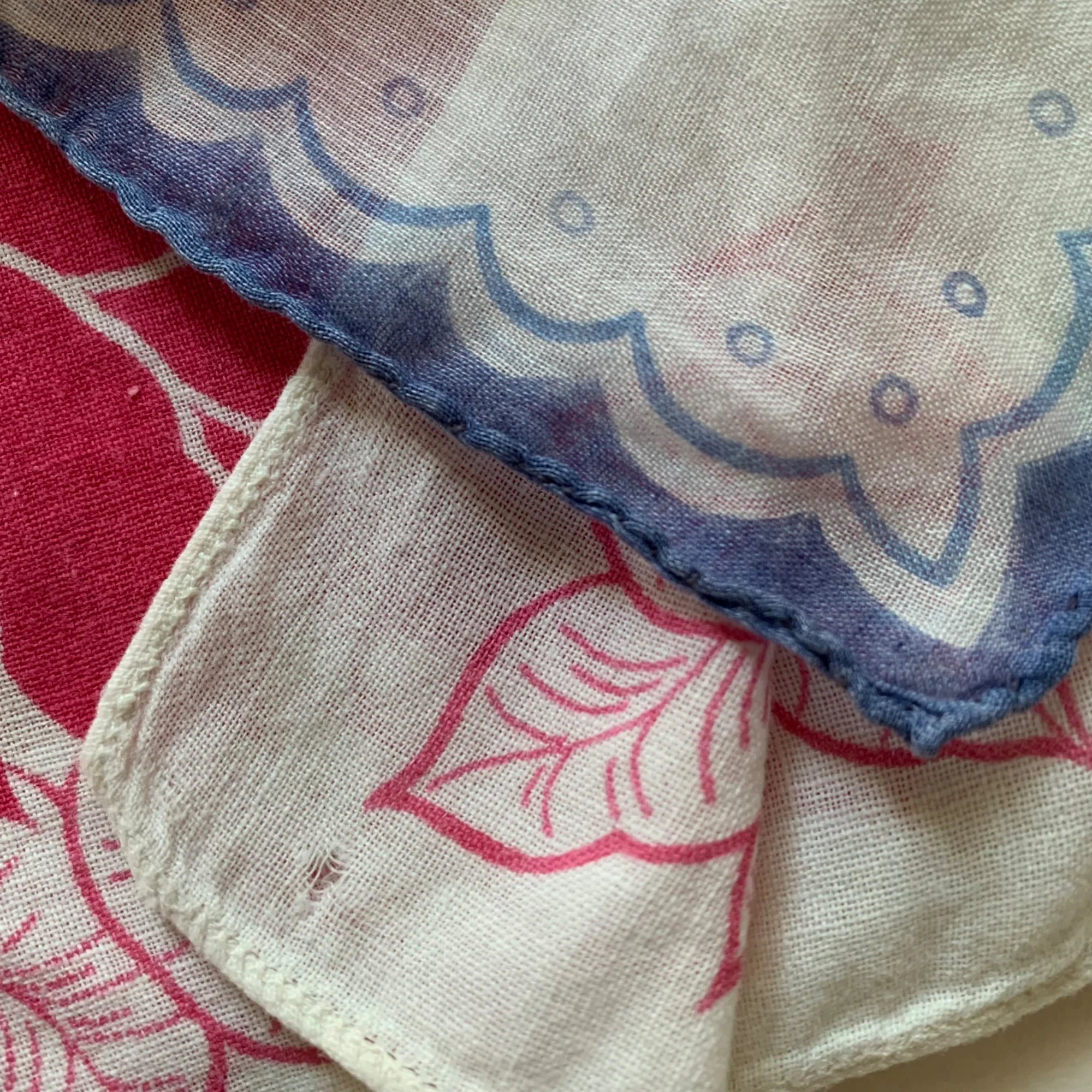 Pair of Vintage Handkerchiefs Print 50s Cotton Lawn Floral Blue Pink Flaw 11" - Image 8