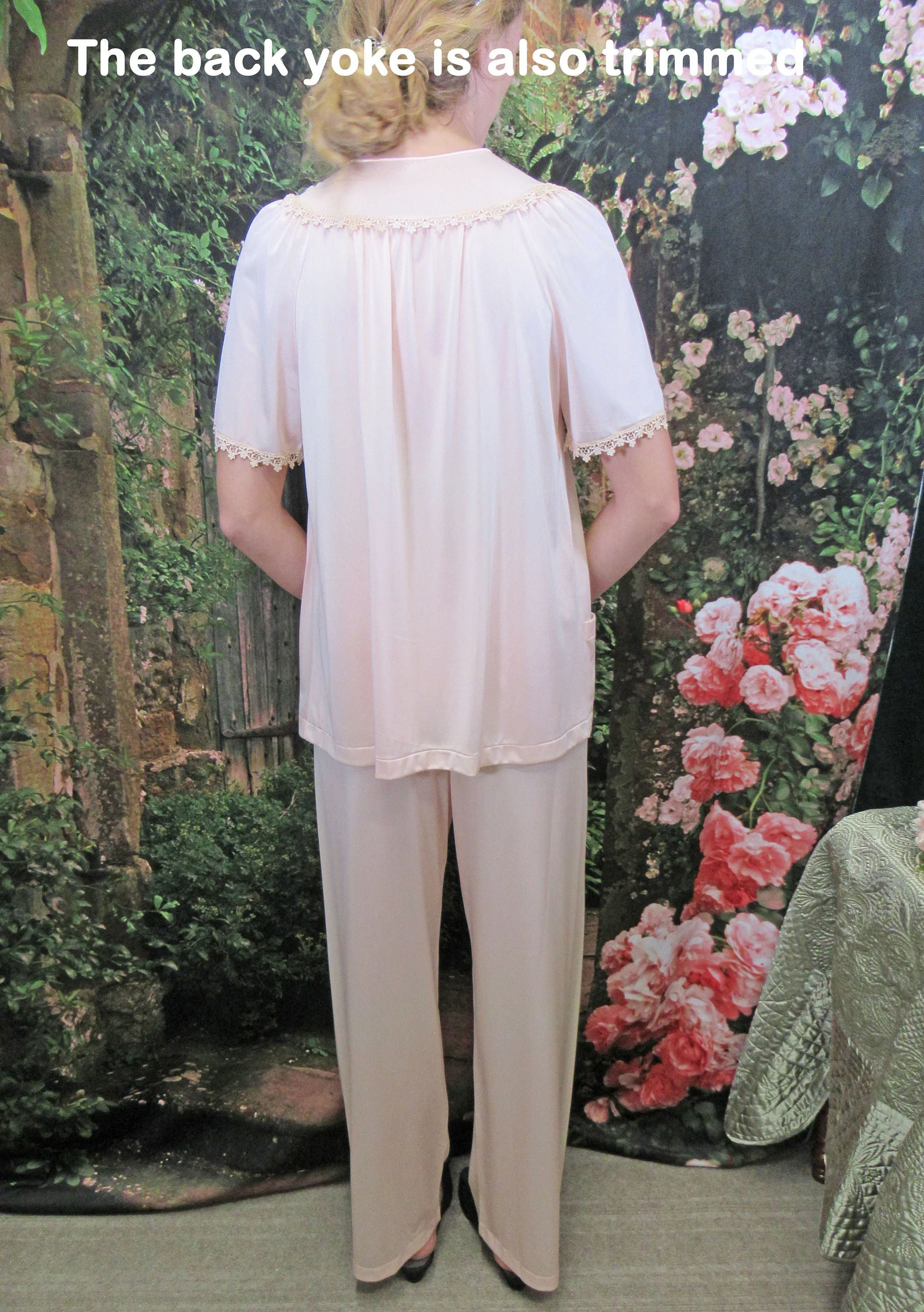 Pajama Set 1986 Original Tag Shadowline Pink Nylon Floral Lace Edge Elastic Pants by Shadowline - Image 10