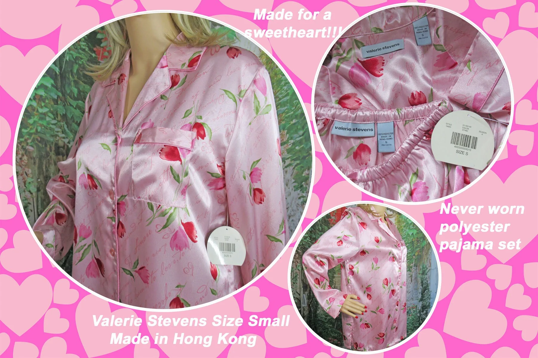 Pajama Set Floral Love Quotes Print Valerie Stevens Made Hong Kong Long Sleeve Top Elastic Pant Polyester by Valerie Stevens - Image 3