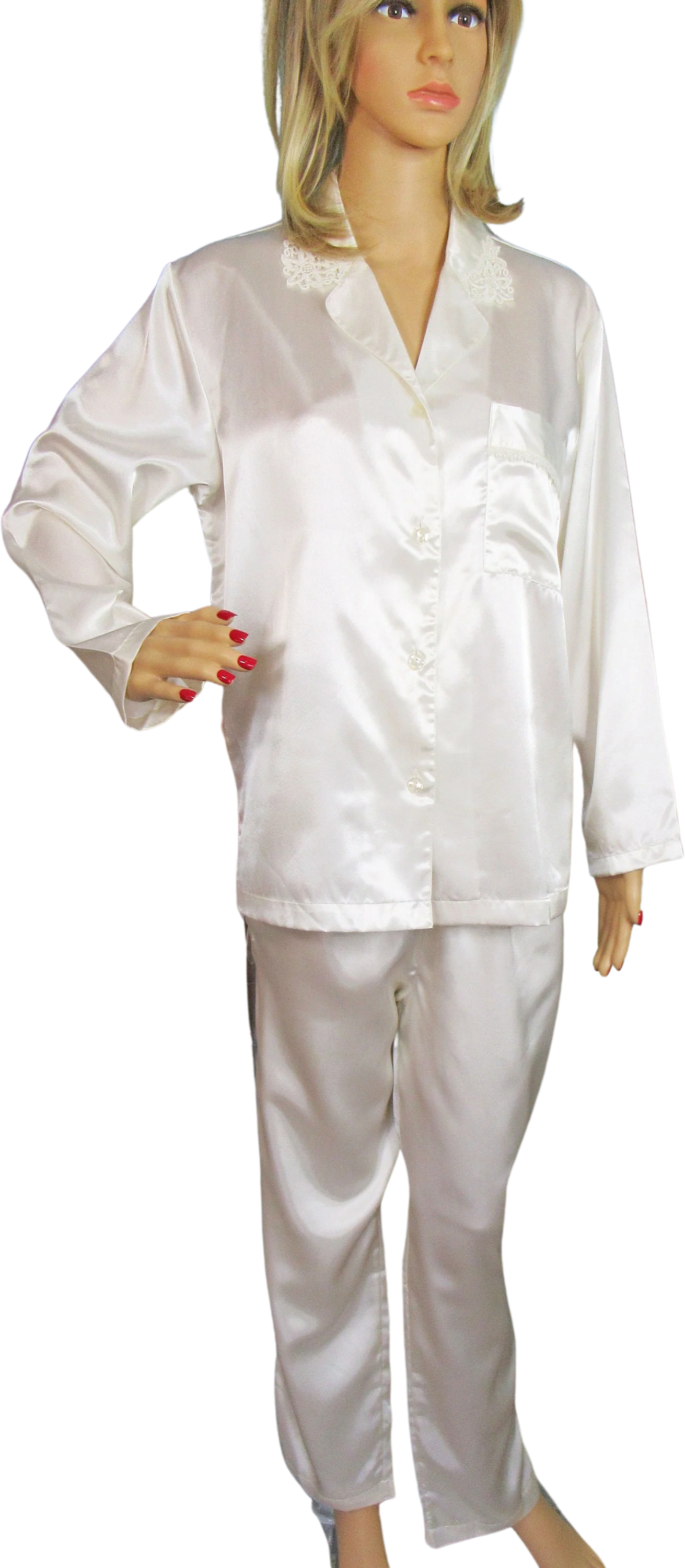 Pajama Set Go Softly Petites White Shiny Polyester Button Front V-Neck Top Elastic Long Leg Pants Vintage by Go Softly Petites
