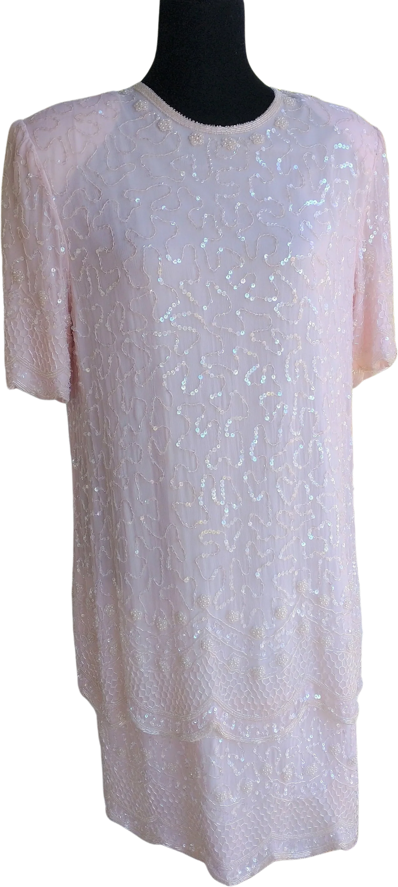 Pale Pink Beaded Shift Dress Layers and Scalloped 1/2 Sleeve Mother of The Bride Formal Women's Large by Brilliante