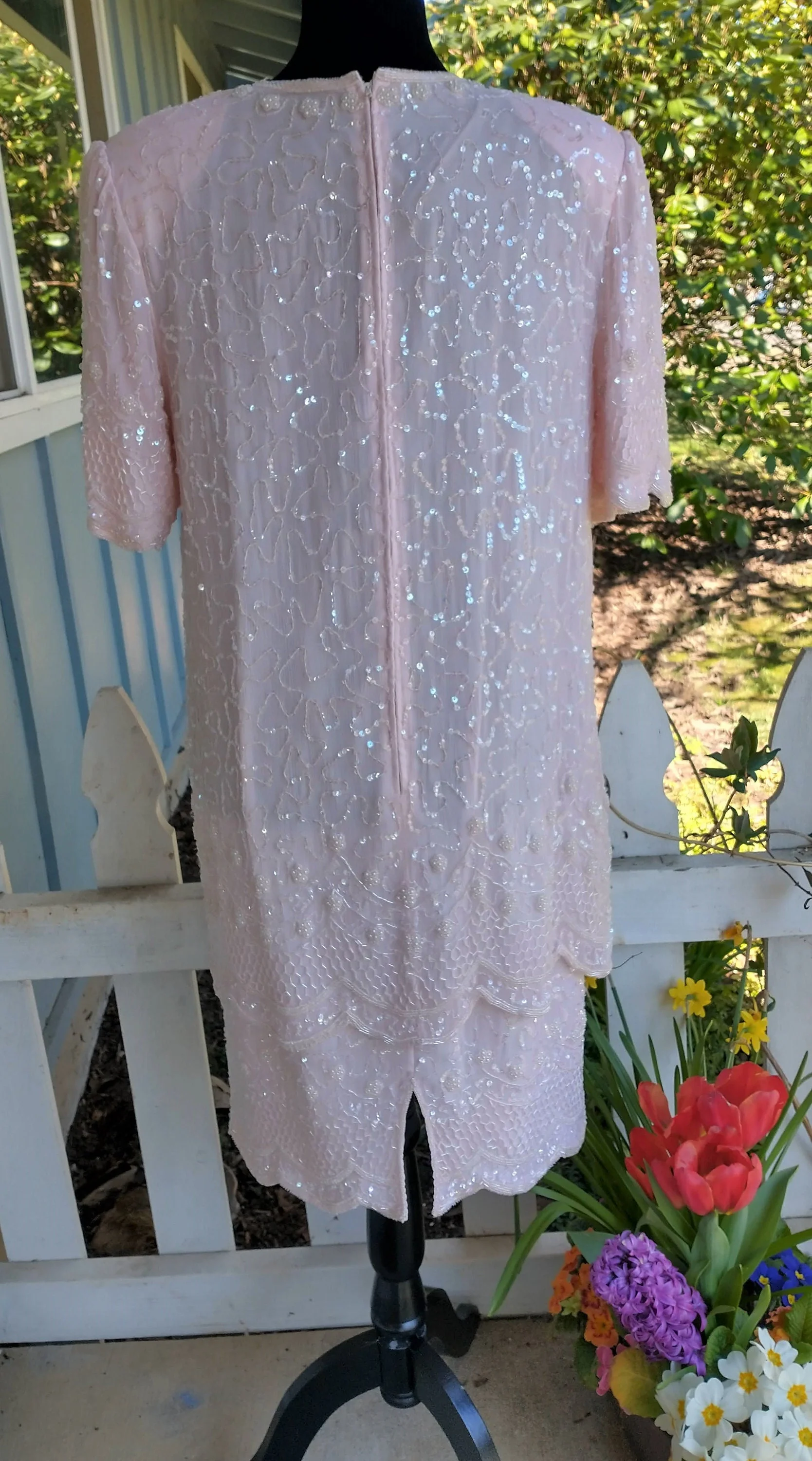Pale Pink Beaded Shift Dress Layers and Scalloped 1/2 Sleeve Mother of The Bride Formal Women's Large by Brilliante - Image 2