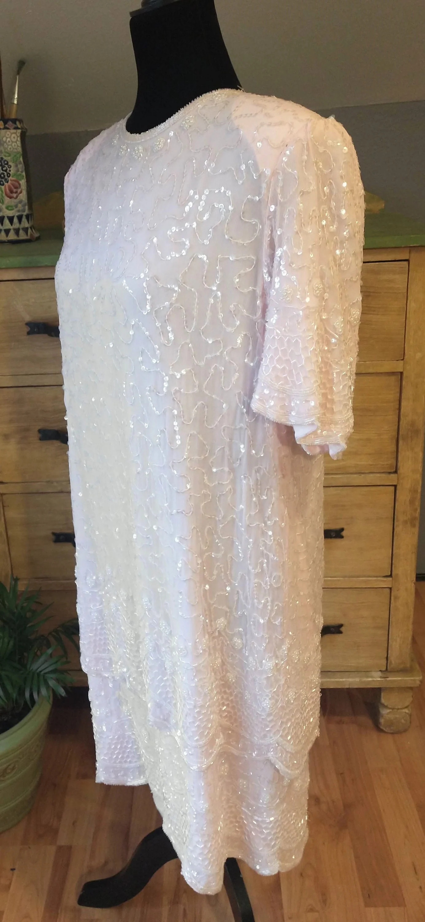 Pale Pink Beaded Shift Dress Layers and Scalloped 1/2 Sleeve Mother of The Bride Formal Women's Large by Brilliante - Image 4