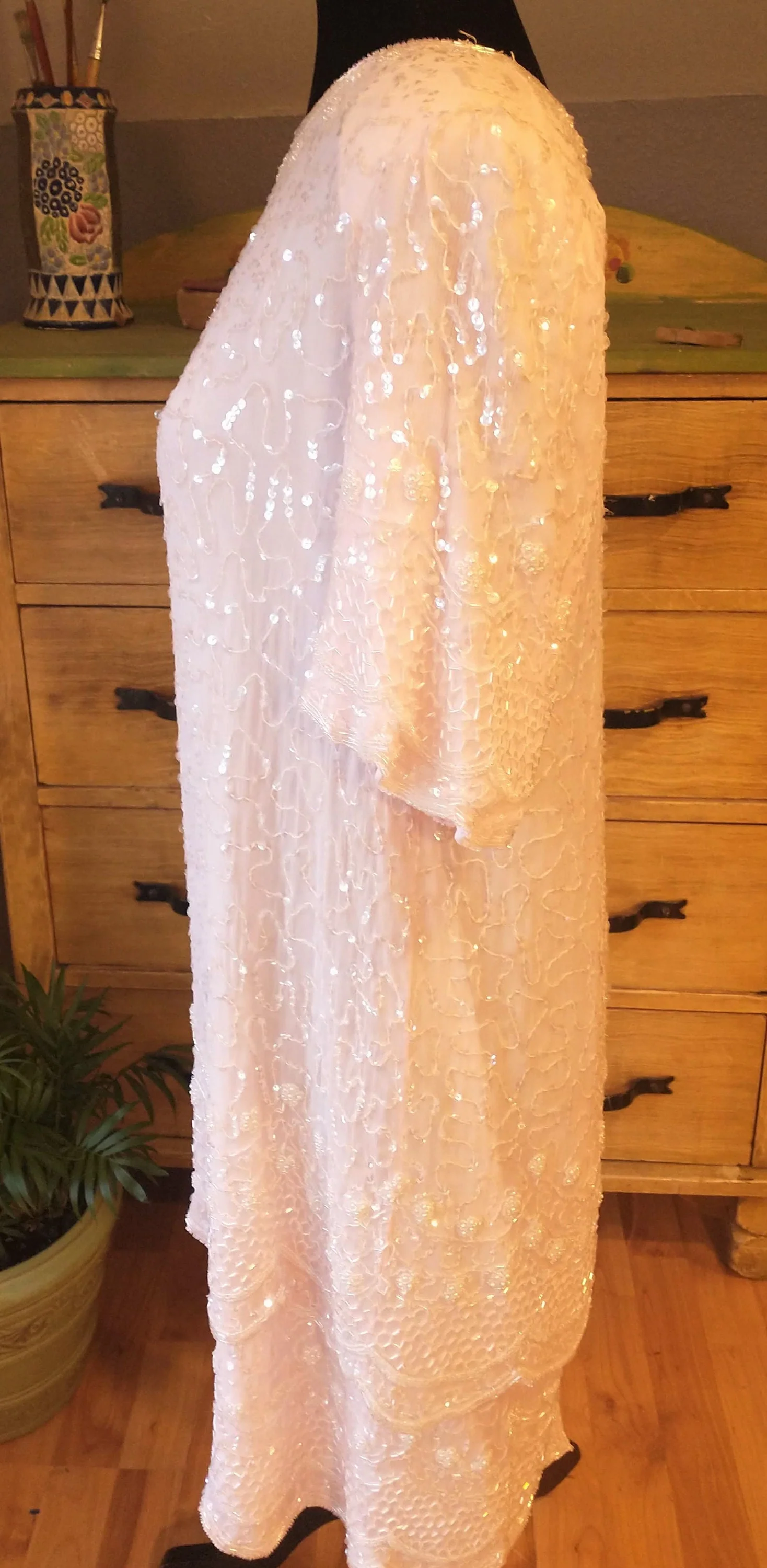 Pale Pink Beaded Shift Dress Layers and Scalloped 1/2 Sleeve Mother of The Bride Formal Women's Large by Brilliante - Image 9