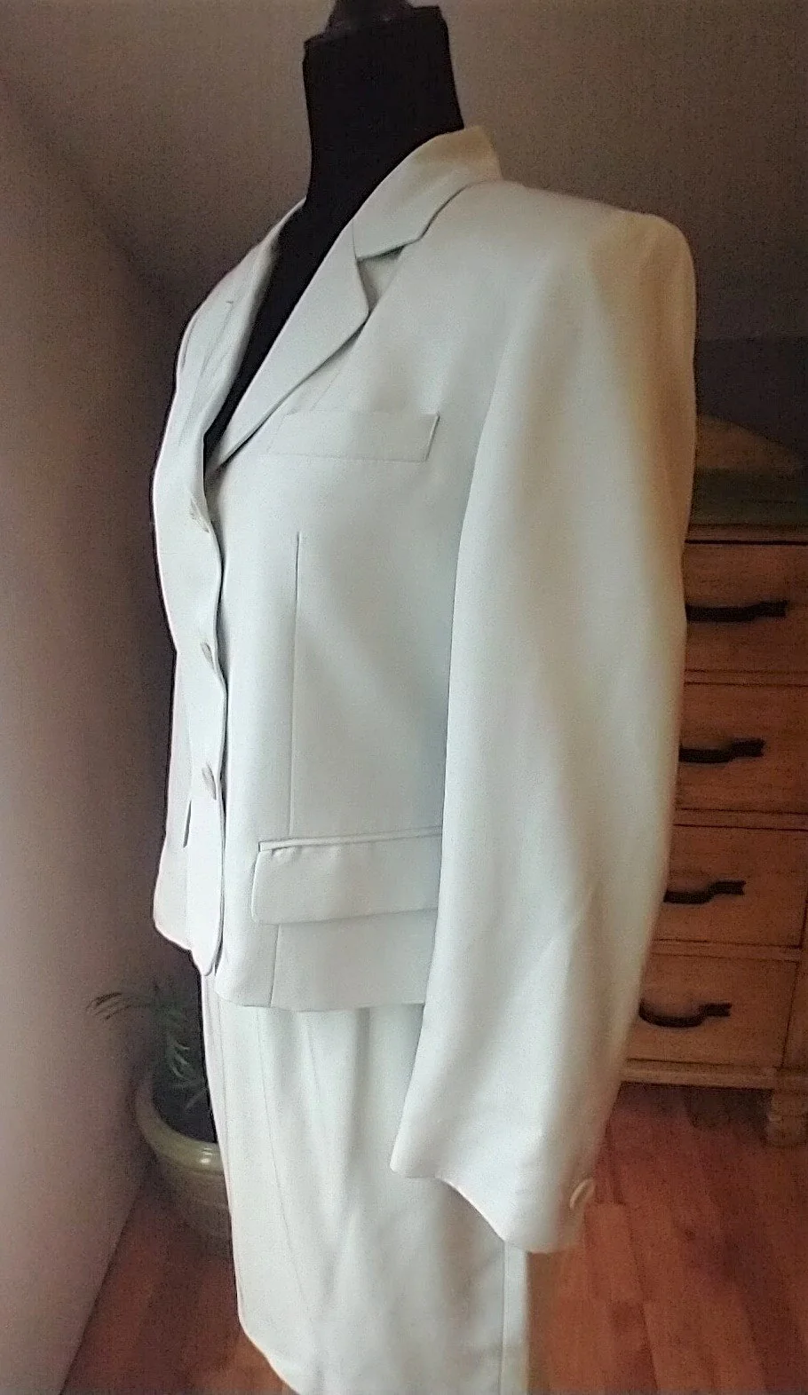 Pale Shimmering Green 80s Power Suit - Blazer and Skirt Silk Made In Korea Women's Small by Valerie Stevens - Image 4
