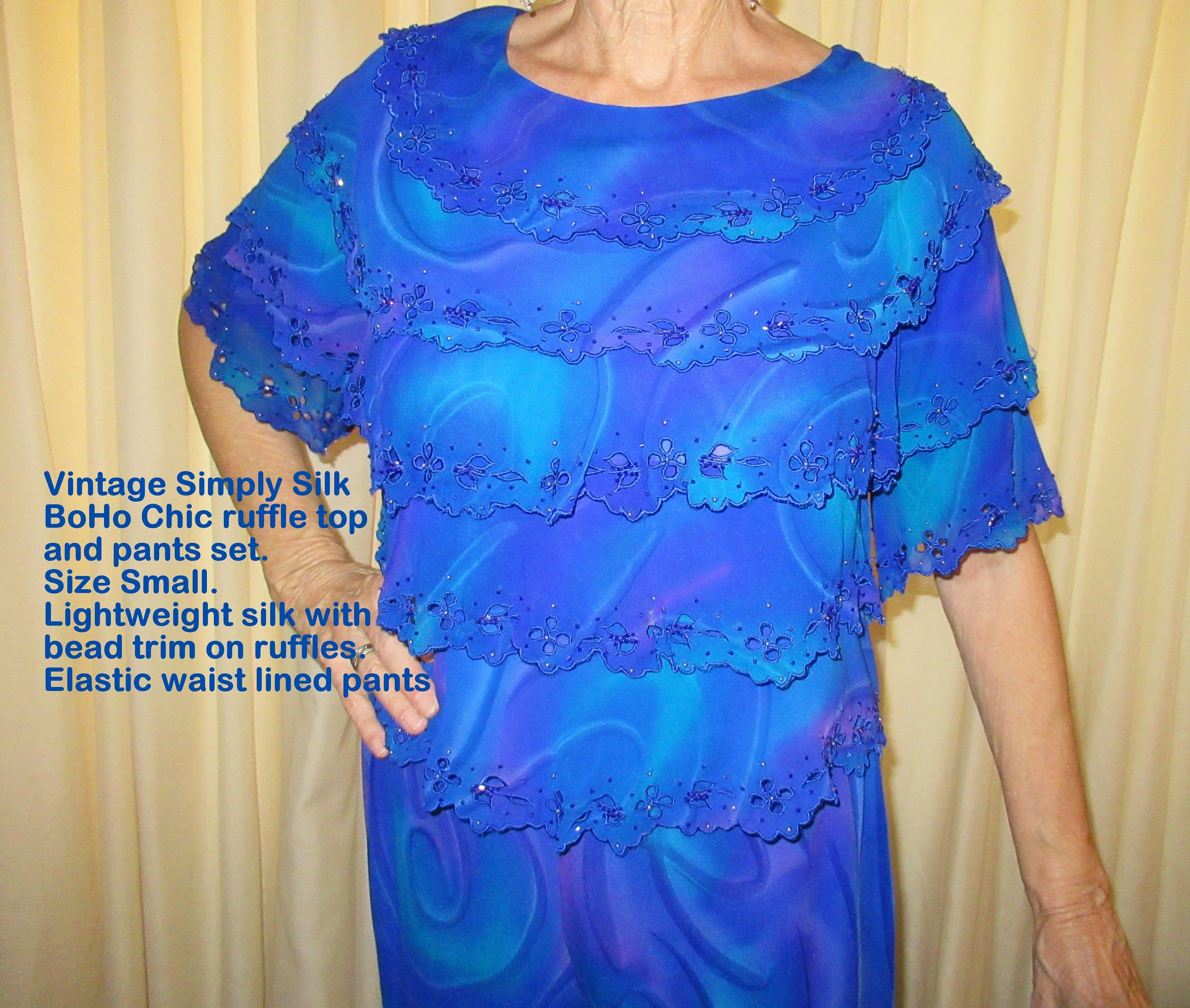 Pants and Blouse Set Simply Silk Chic Tiers of Ruffles Elastic Lined Pant Brilliant Blue Lightweight Silk Bead Trim Vintage - Image 2