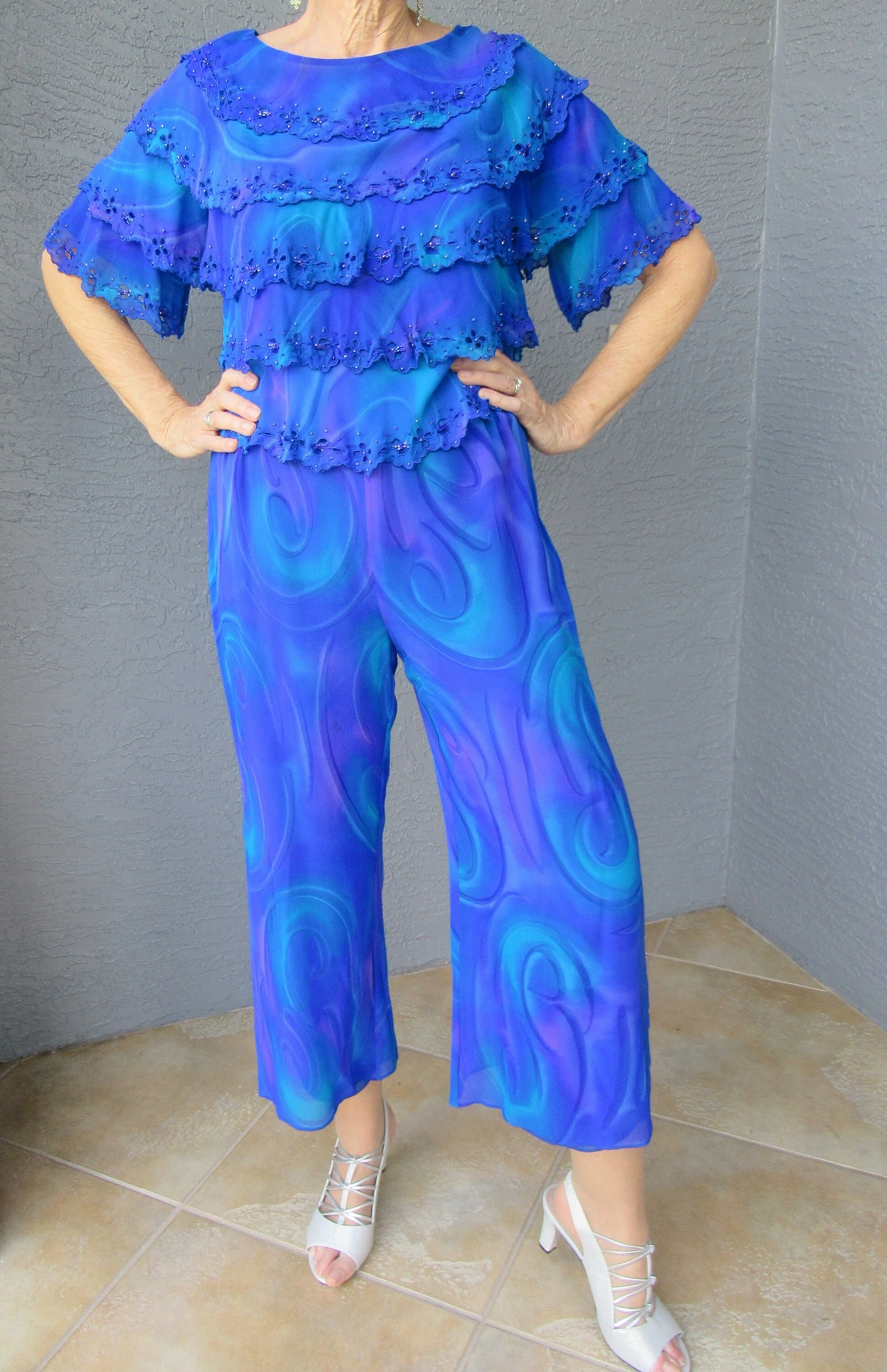 Pants and Blouse Set Simply Silk Chic Tiers of Ruffles Elastic Lined Pant Brilliant Blue Lightweight Silk Bead Trim Vintage - Image 3