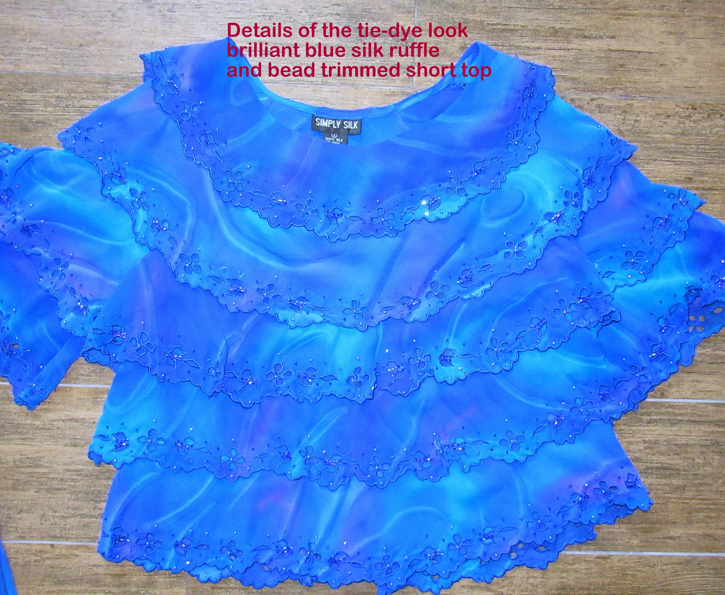 Pants and Blouse Set Simply Silk Chic Tiers of Ruffles Elastic Lined Pant Brilliant Blue Lightweight Silk Bead Trim Vintage - Image 4