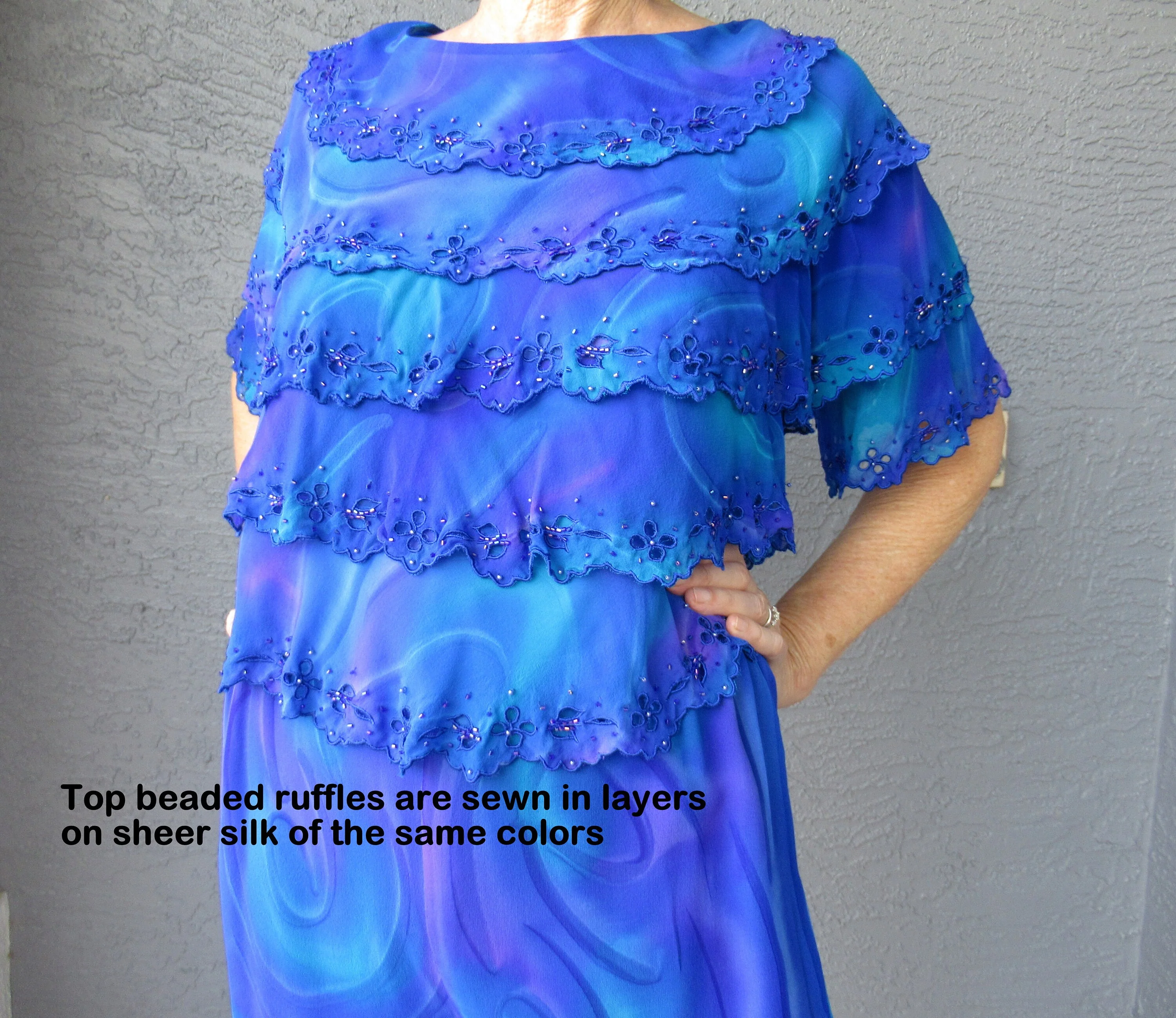 Pants and Blouse Set Simply Silk Chic Tiers of Ruffles Elastic Lined Pant Brilliant Blue Lightweight Silk Bead Trim Vintage - Image 7
