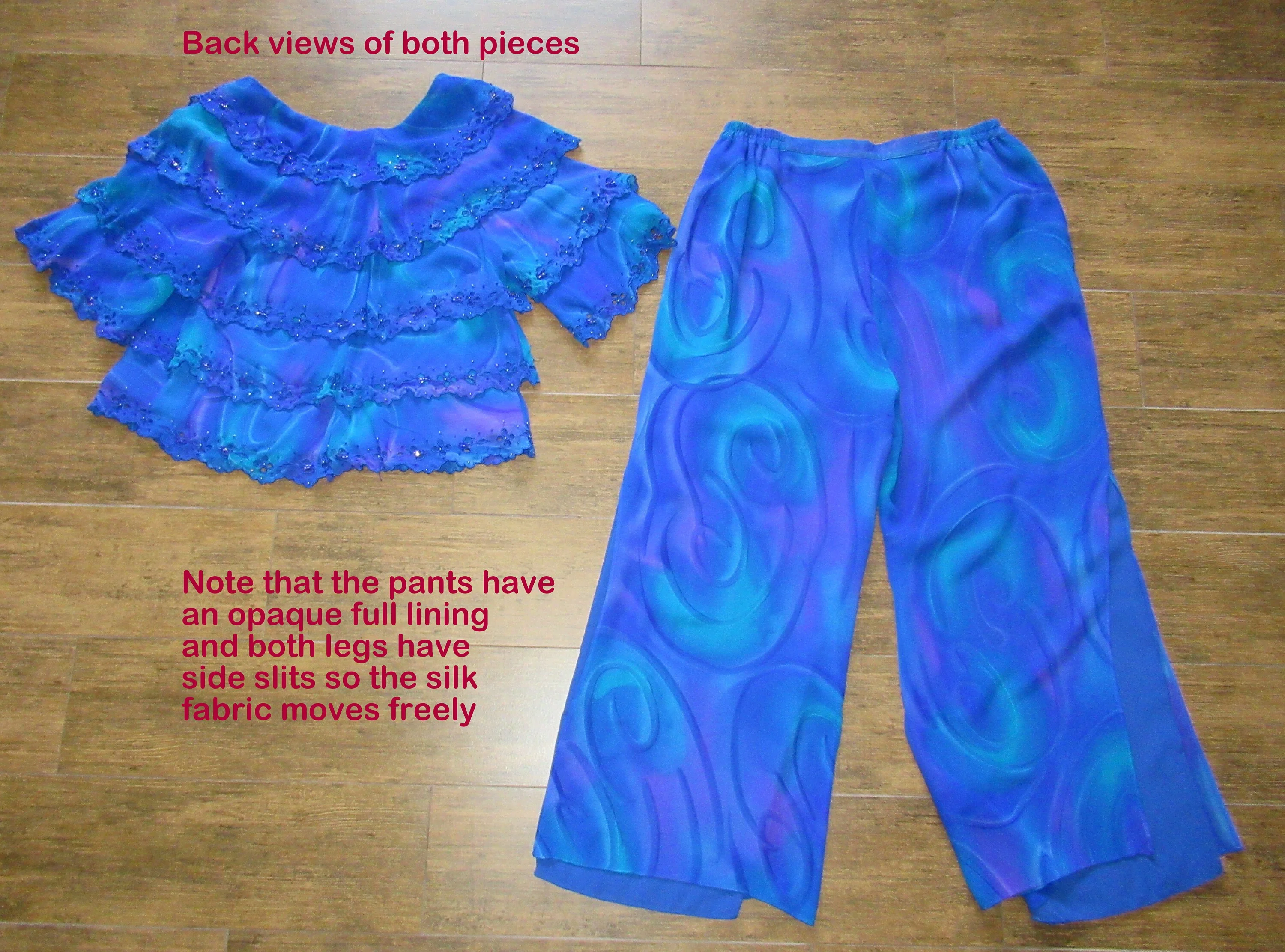 Pants and Blouse Set Simply Silk Chic Tiers of Ruffles Elastic Lined Pant Brilliant Blue Lightweight Silk Bead Trim Vintage - Image 9