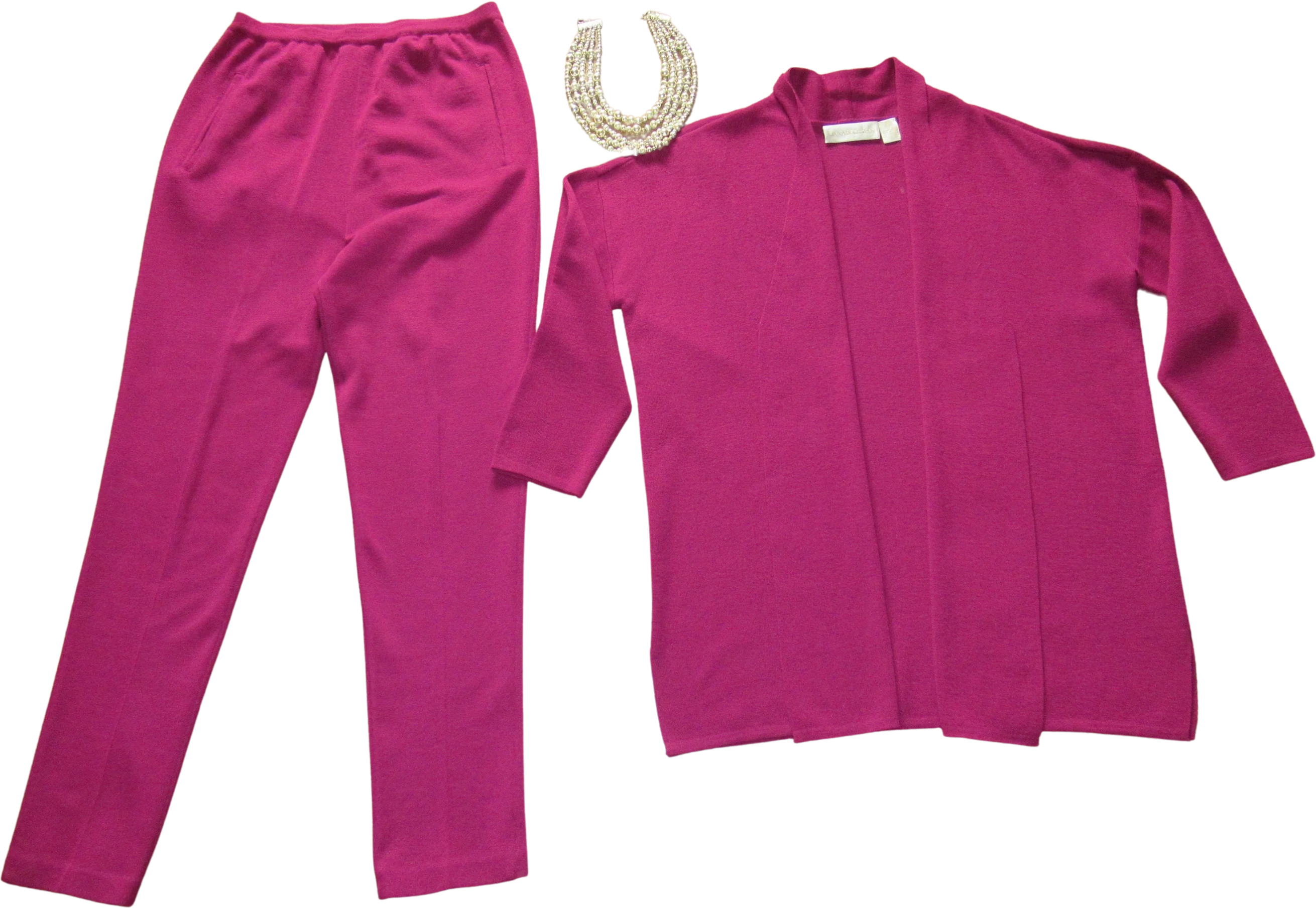 Pants and Sweater Wool Burgundy Knit Made In Hong Kong Dana Buchman Pull-On Pants Open Front Tunic Length Sweater Bonus Necklace by Dana Buchman