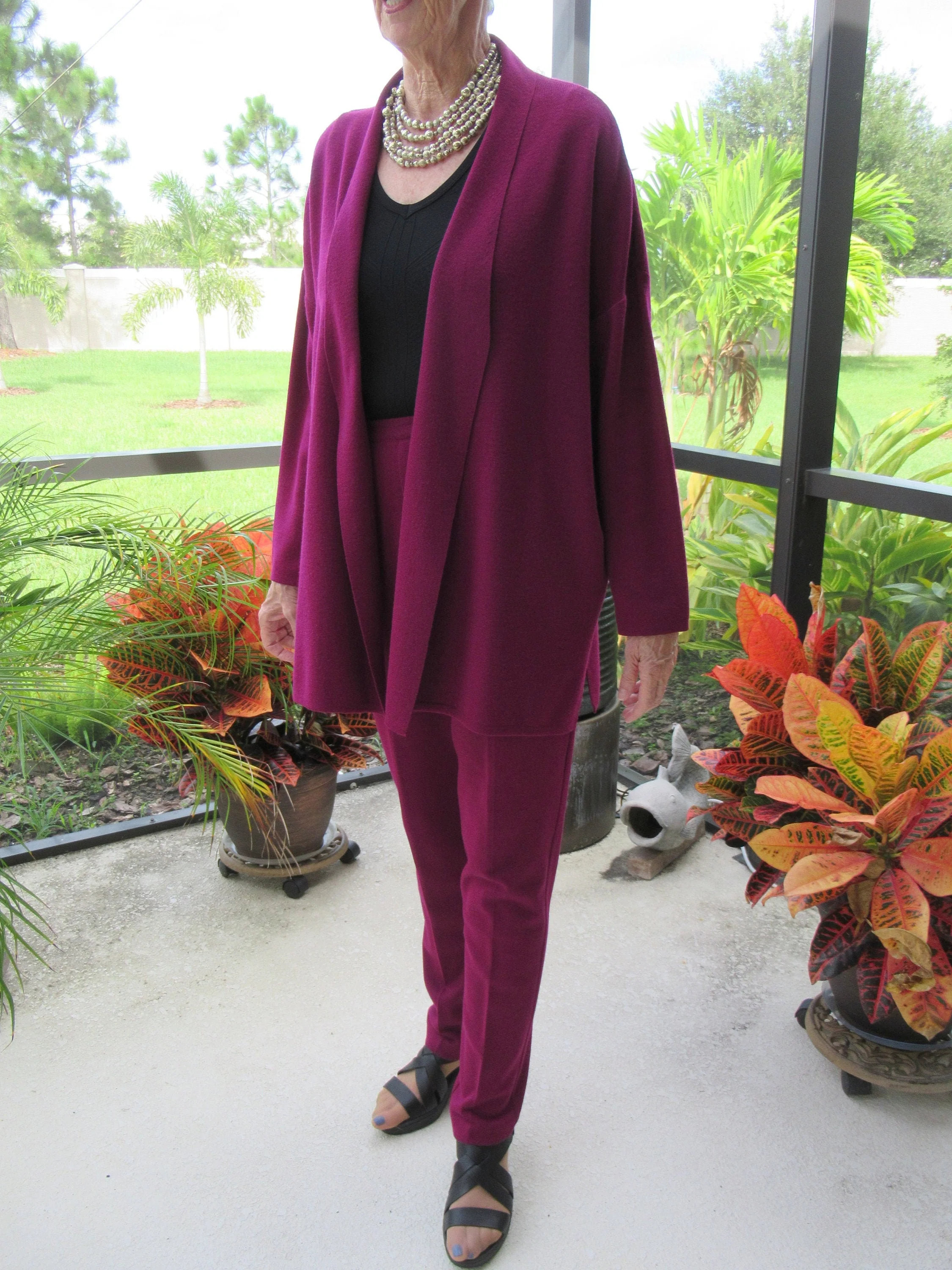 Pants and Sweater Wool Burgundy Knit Made In Hong Kong Dana Buchman Pull-On Pants Open Front Tunic Length Sweater Bonus Necklace by Dana Buchman - Image 4