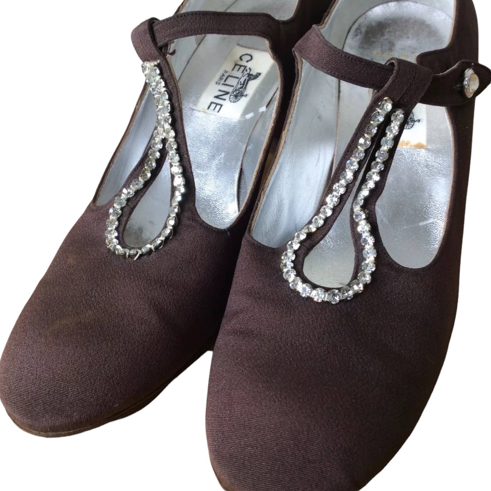 Paris Heels Vintage 70s Eu39 M Us 9 Block Satin Faux Jewel Trim T Strap by Celine - Image 3