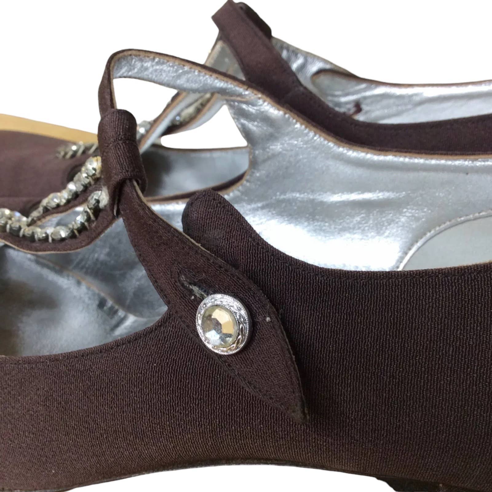 Paris Heels Vintage 70s Eu39 M Us 9 Block Satin Faux Jewel Trim T Strap by Celine - Image 9