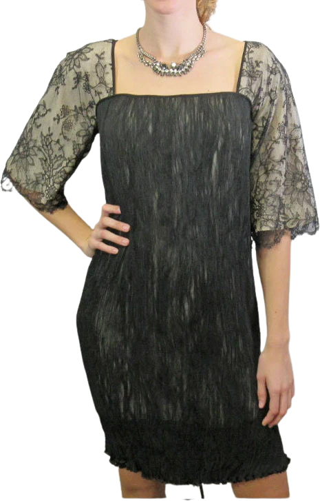 Party Dress Carol Peretz Black French Lace and Micro Pleats Beige Lined Lace Square Neck Back Zip Swarovski Buttons by Carol Peretz