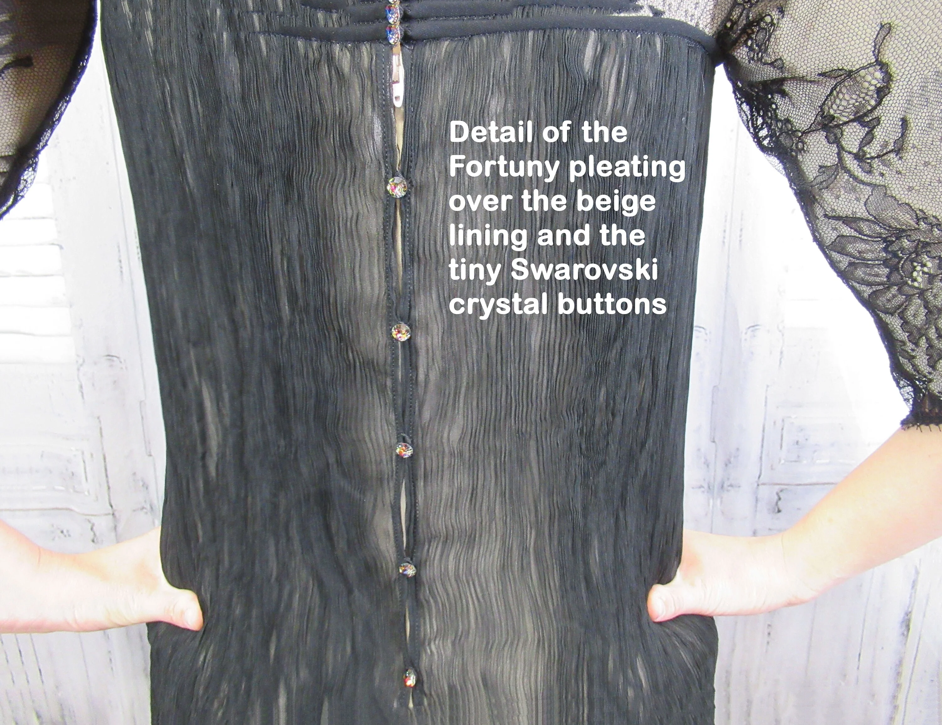 Party Dress Carol Peretz Black French Lace and Micro Pleats Beige Lined Lace Square Neck Back Zip Swarovski Buttons by Carol Peretz - Image 10