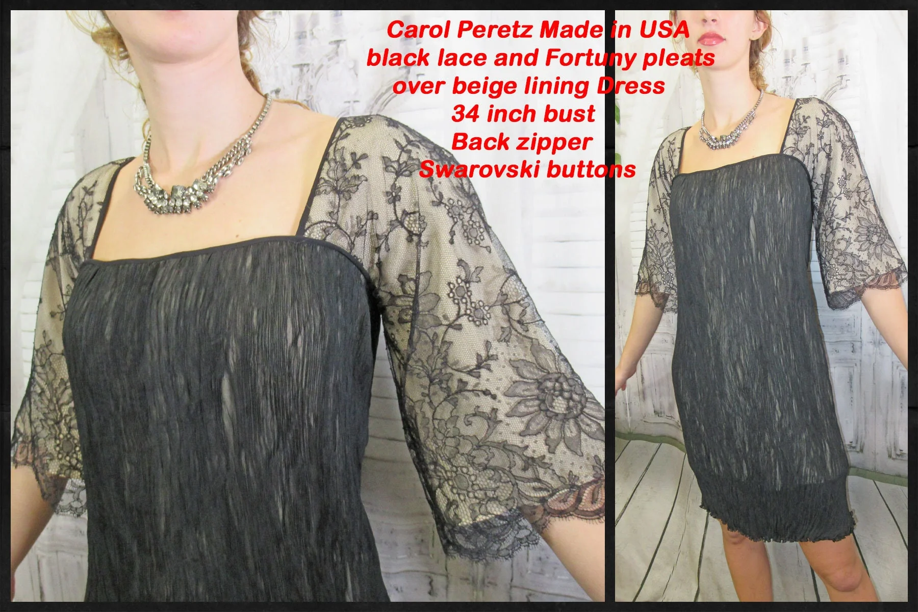Party Dress Carol Peretz Black French Lace and Micro Pleats Beige Lined Lace Square Neck Back Zip Swarovski Buttons by Carol Peretz - Image 2