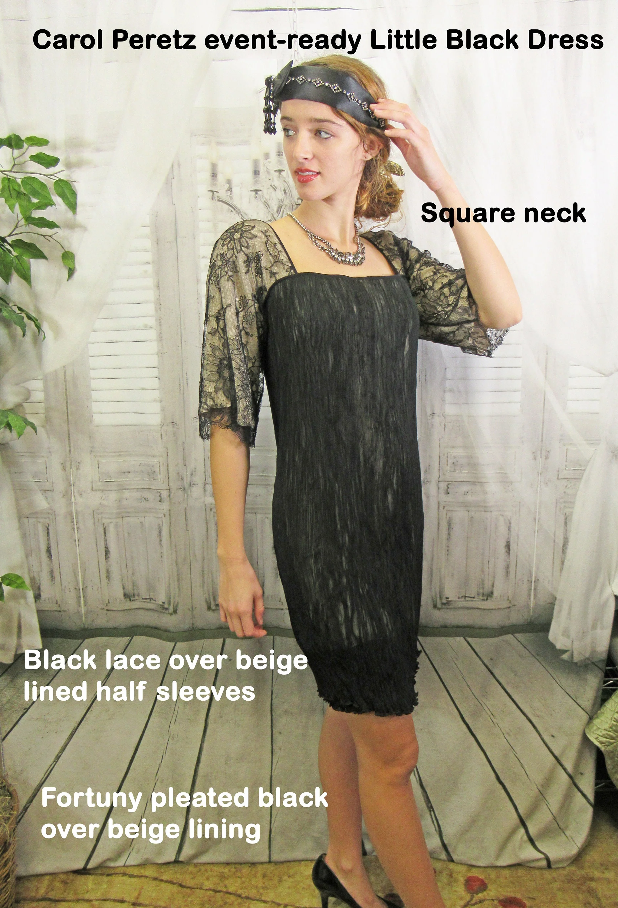 Party Dress Carol Peretz Black French Lace and Micro Pleats Beige Lined Lace Square Neck Back Zip Swarovski Buttons by Carol Peretz - Image 3