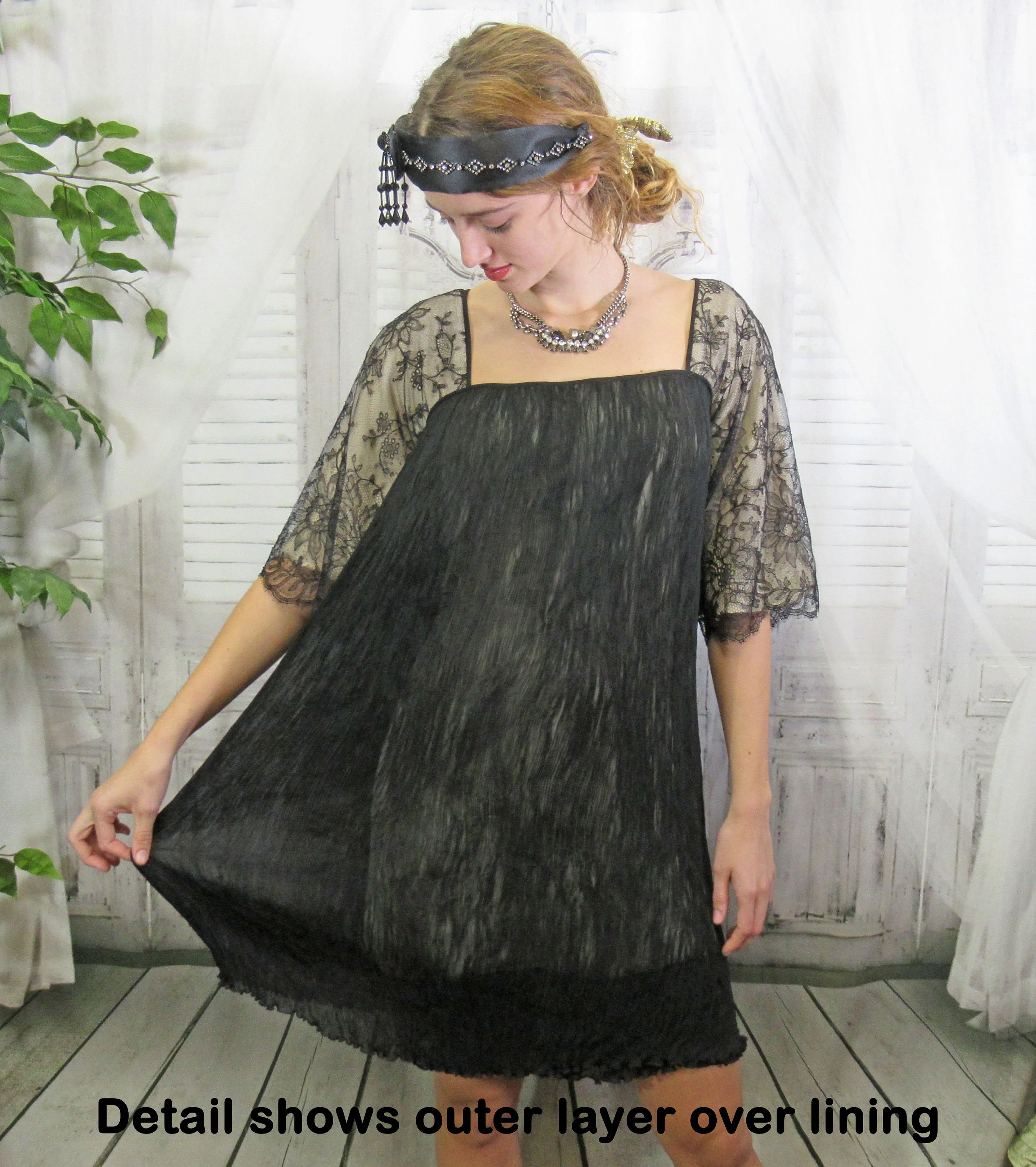 Party Dress Carol Peretz Black French Lace and Micro Pleats Beige Lined Lace Square Neck Back Zip Swarovski Buttons by Carol Peretz - Image 4