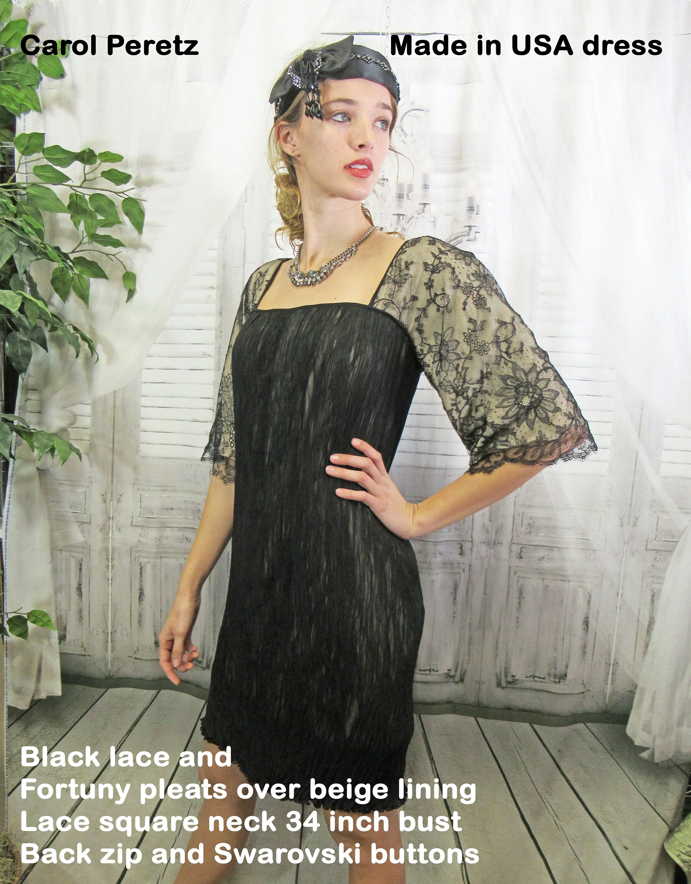 Party Dress Carol Peretz Black French Lace and Micro Pleats Beige Lined Lace Square Neck Back Zip Swarovski Buttons by Carol Peretz - Image 6