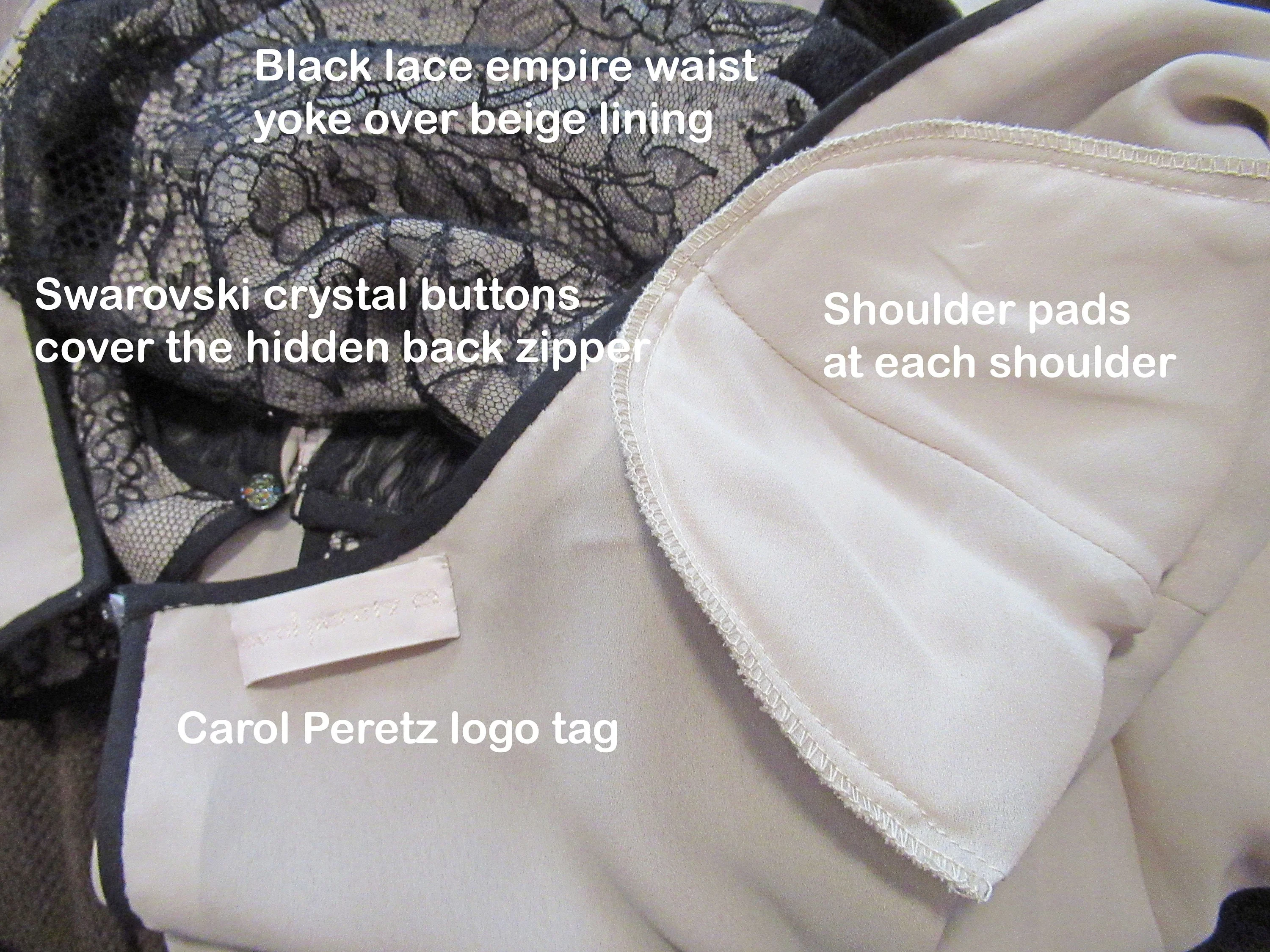 Party Dress Carol Peretz Black French Lace and Micro Pleats Beige Lined Lace Square Neck Back Zip Swarovski Buttons by Carol Peretz - Image 7