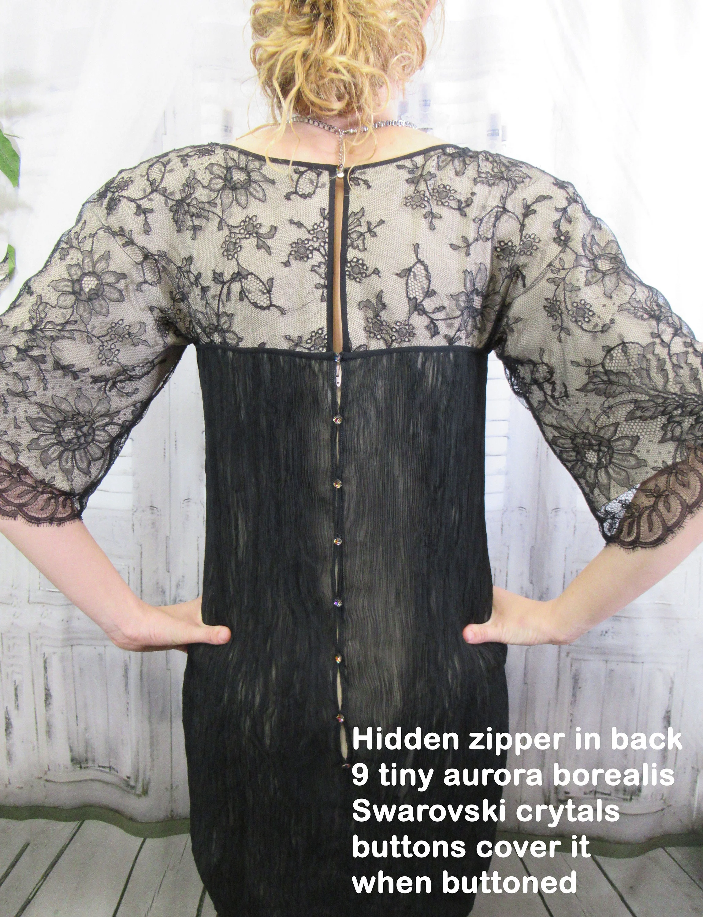 Party Dress Carol Peretz Black French Lace and Micro Pleats Beige Lined Lace Square Neck Back Zip Swarovski Buttons by Carol Peretz - Image 8