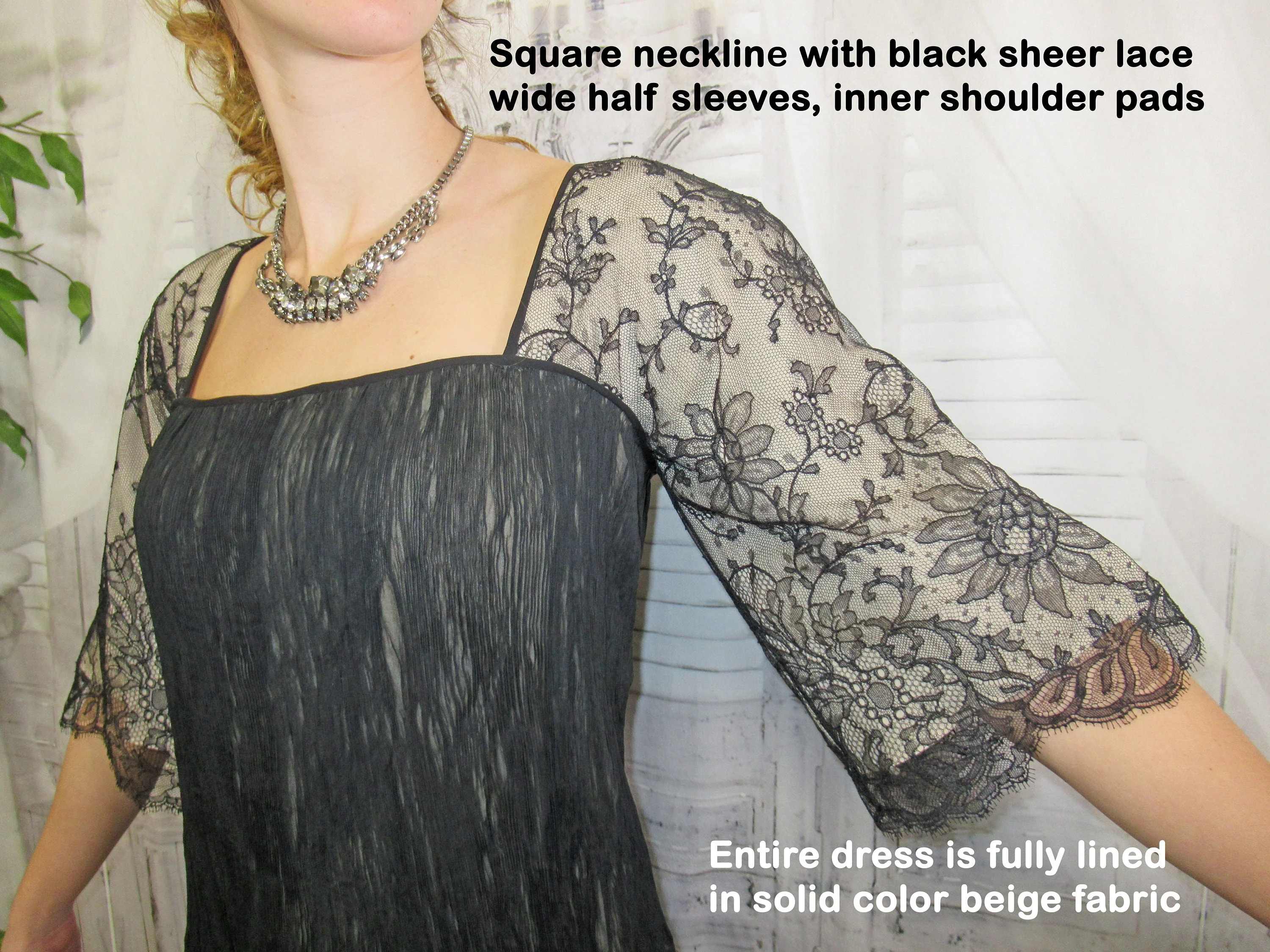 Party Dress Carol Peretz Black French Lace and Micro Pleats Beige Lined Lace Square Neck Back Zip Swarovski Buttons by Carol Peretz - Image 9