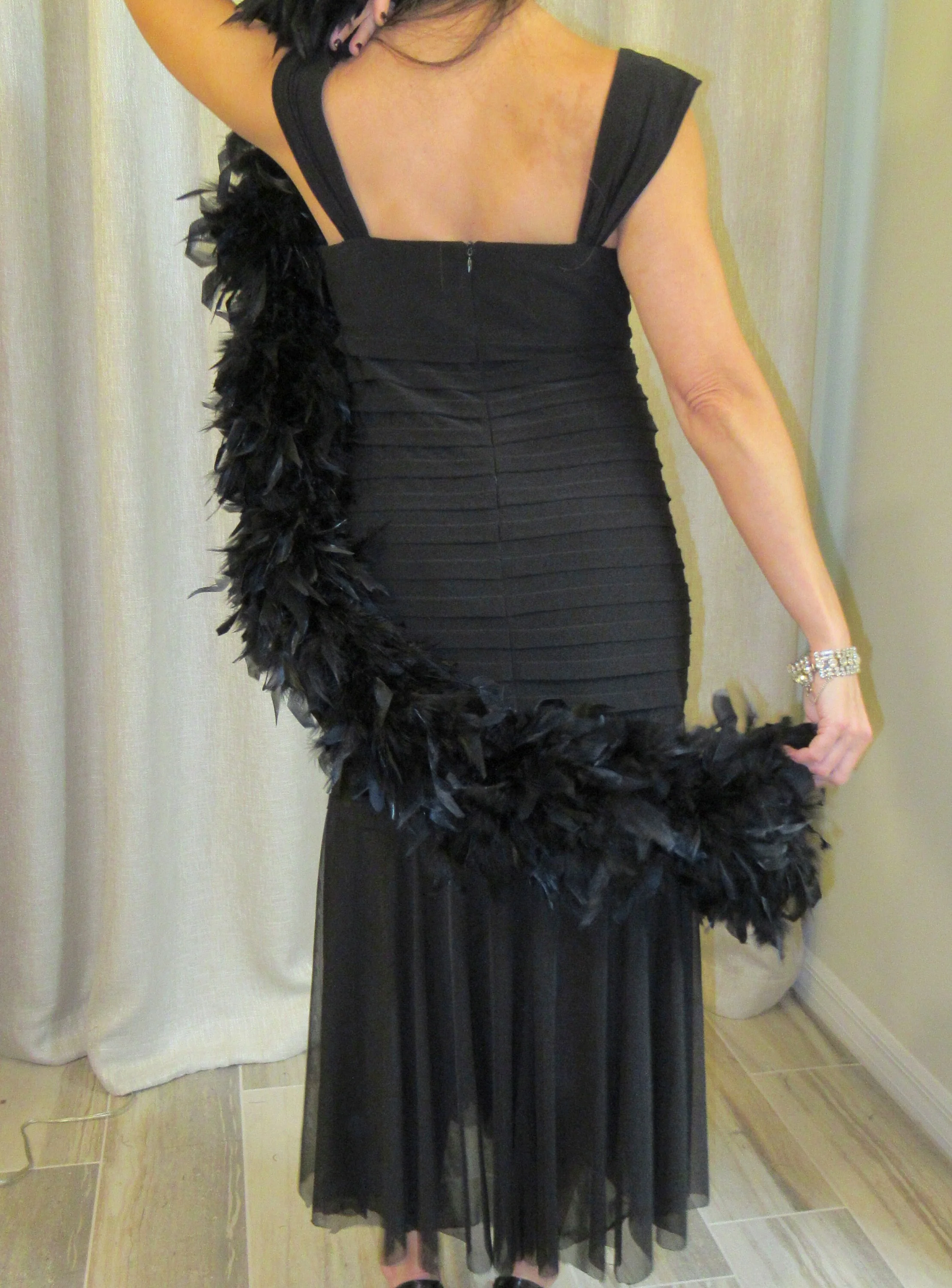 ] Party Dress R and M Richards Black 19's Inspired Low V-Neck Side Rhinestone Brooches Sheer Mermaid Soft Ruffle Bodycon Made Usa by R & M Richards - Image 2