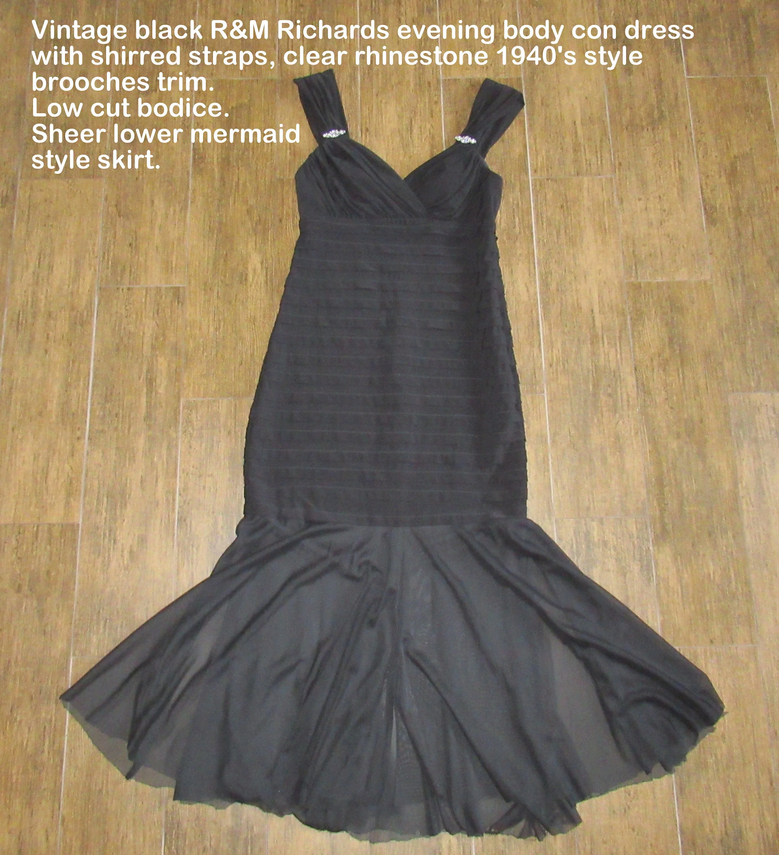 ] Party Dress R and M Richards Black 19's Inspired Low V-Neck Side Rhinestone Brooches Sheer Mermaid Soft Ruffle Bodycon Made Usa by R & M Richards - Image 5