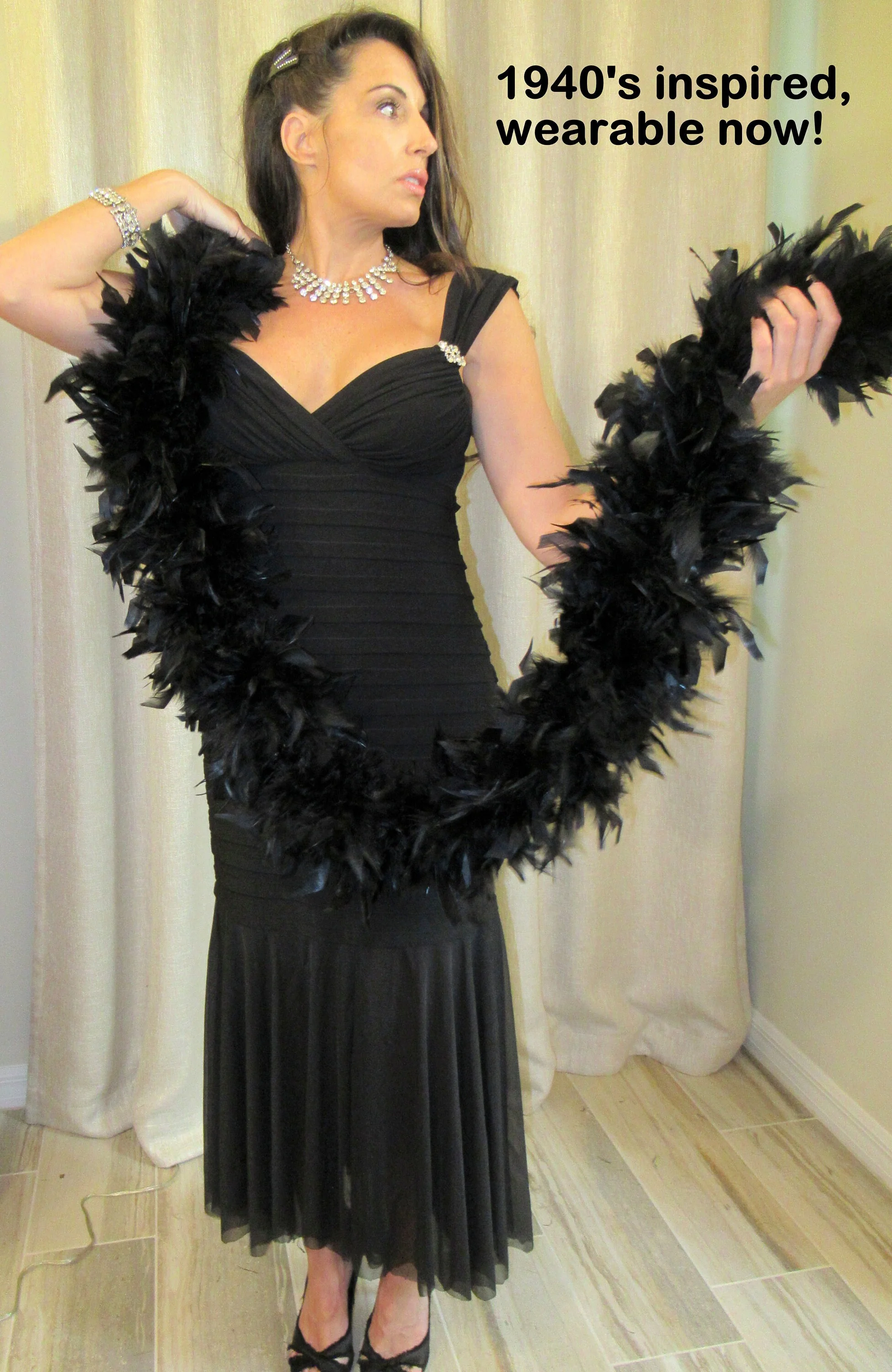 ] Party Dress R and M Richards Black 19's Inspired Low V-Neck Side Rhinestone Brooches Sheer Mermaid Soft Ruffle Bodycon Made Usa by R & M Richards - Image 6