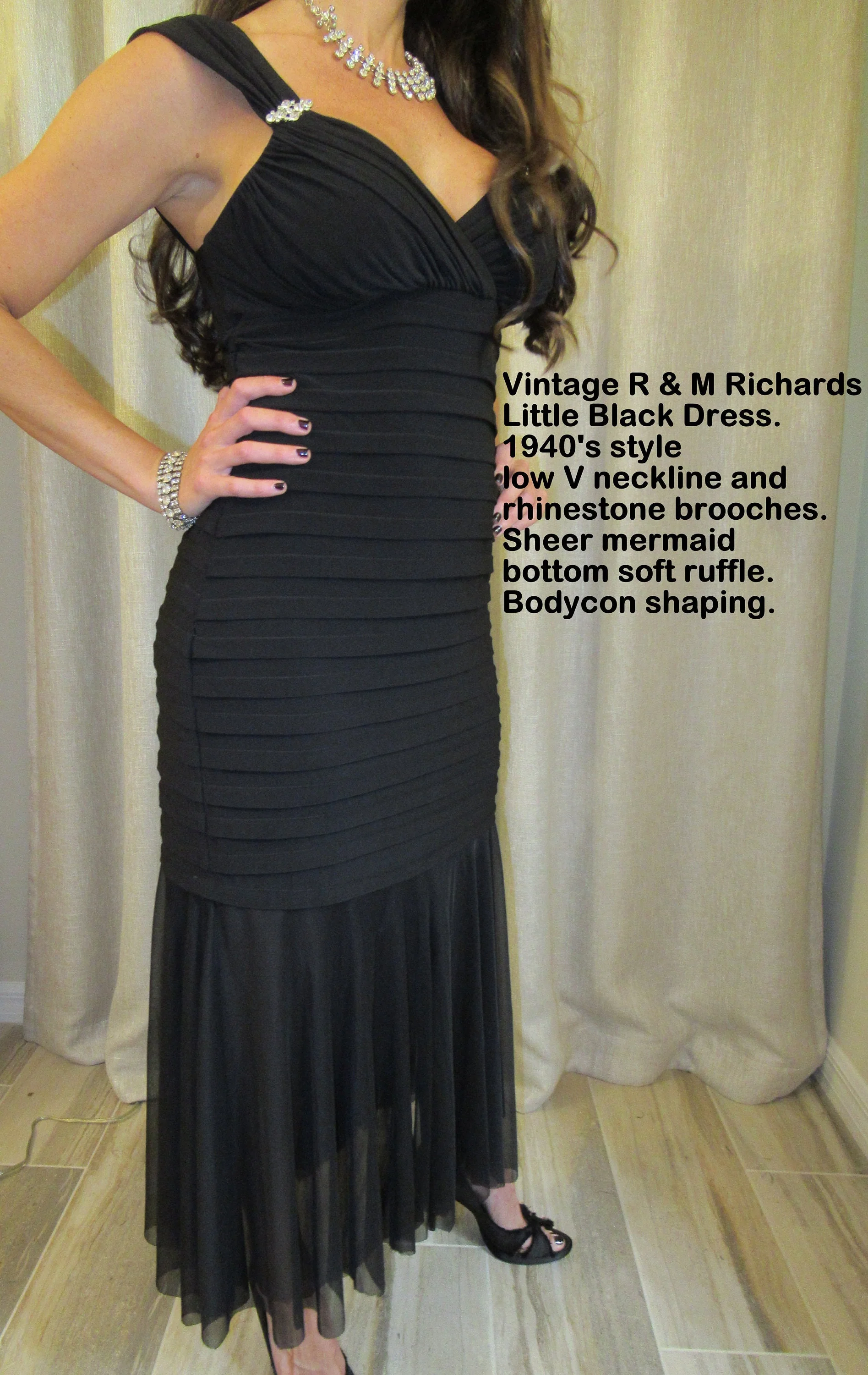] Party Dress R and M Richards Black 19's Inspired Low V-Neck Side Rhinestone Brooches Sheer Mermaid Soft Ruffle Bodycon Made Usa by R & M Richards - Image 7