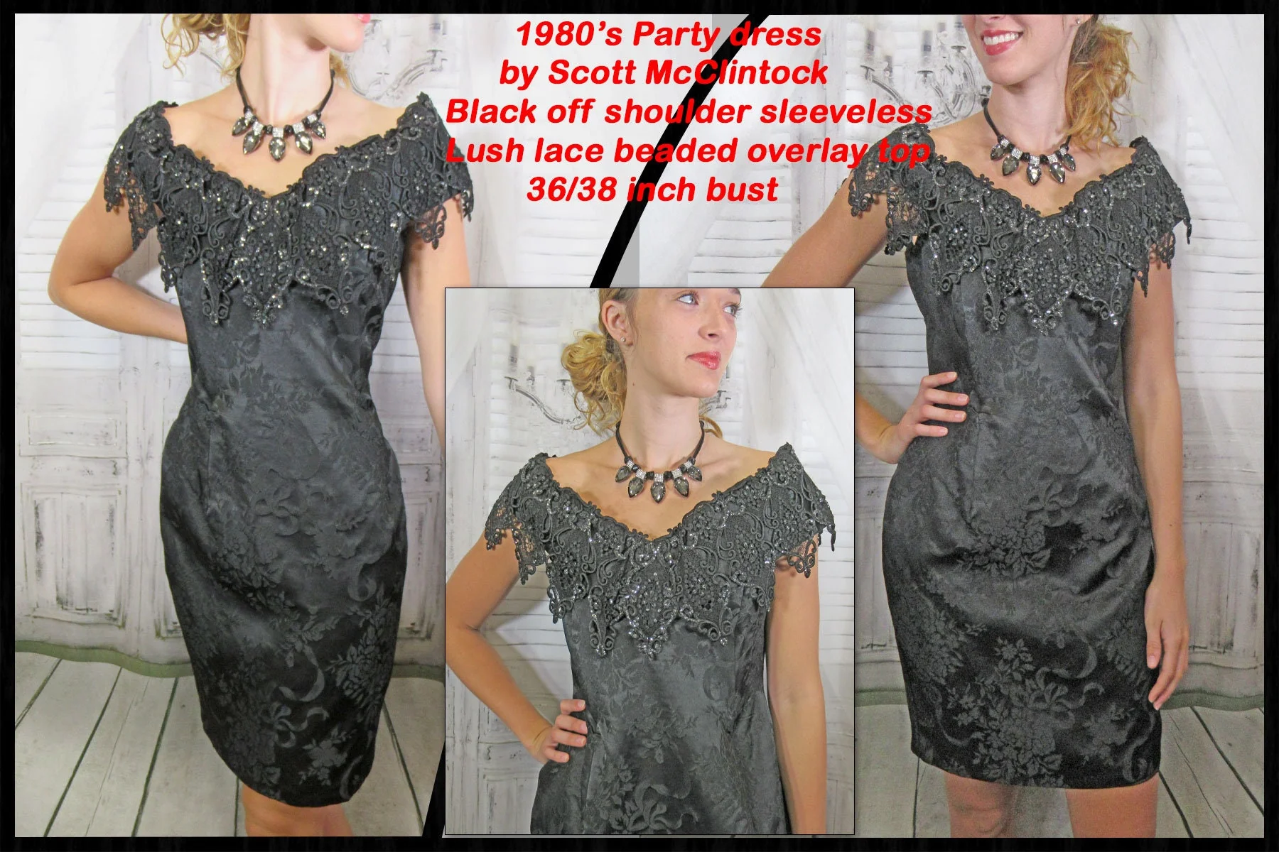 Party Dress Scott Mcclintock Short Black Off The Shoulder Sleeveless Lush Lace Beaded Overlay Top Acetatepolyester 80s Vintage by Scott Mcclintock - Image 2