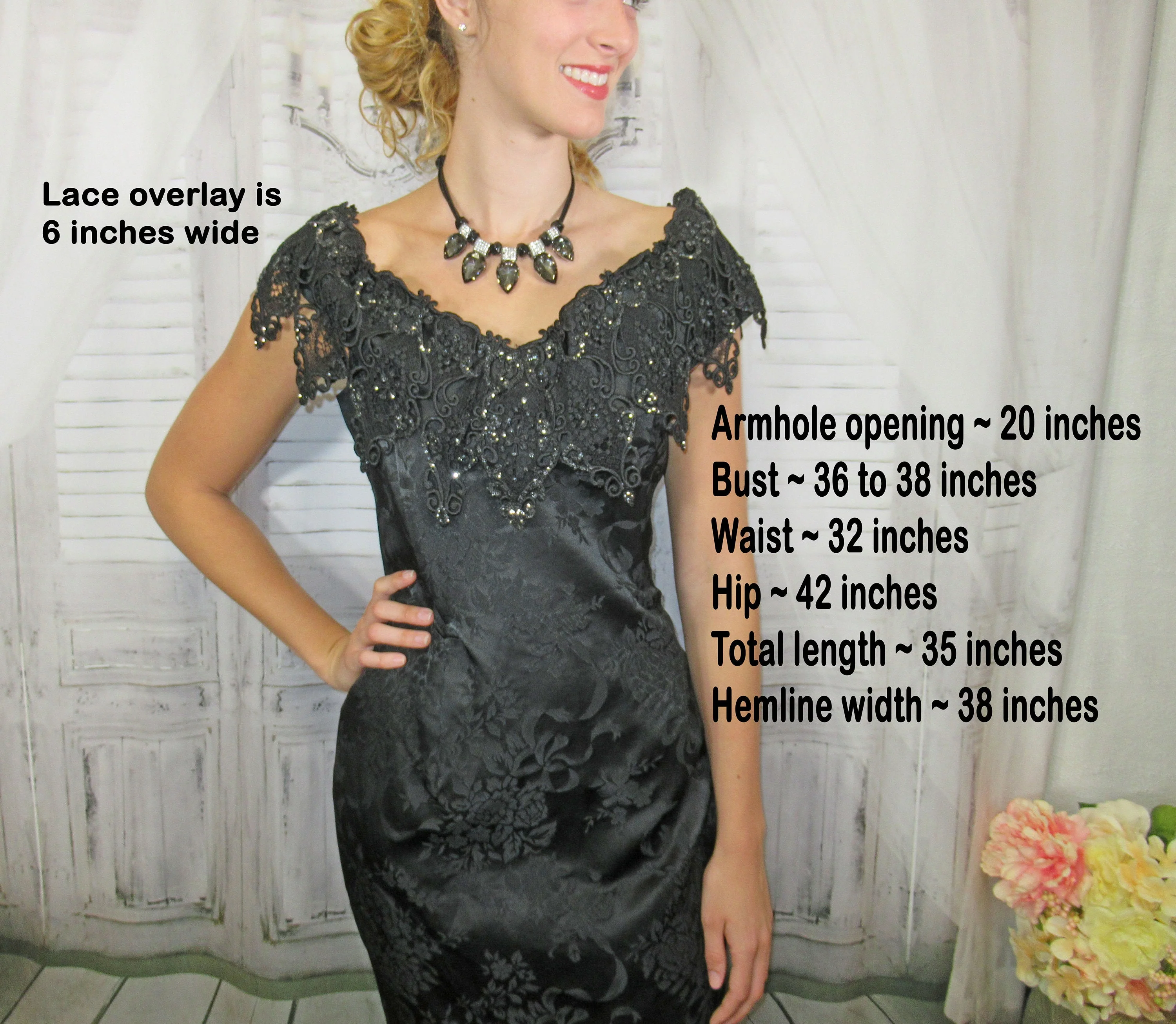 Party Dress Scott Mcclintock Short Black Off The Shoulder Sleeveless Lush Lace Beaded Overlay Top Acetatepolyester 80s Vintage by Scott Mcclintock - Image 4