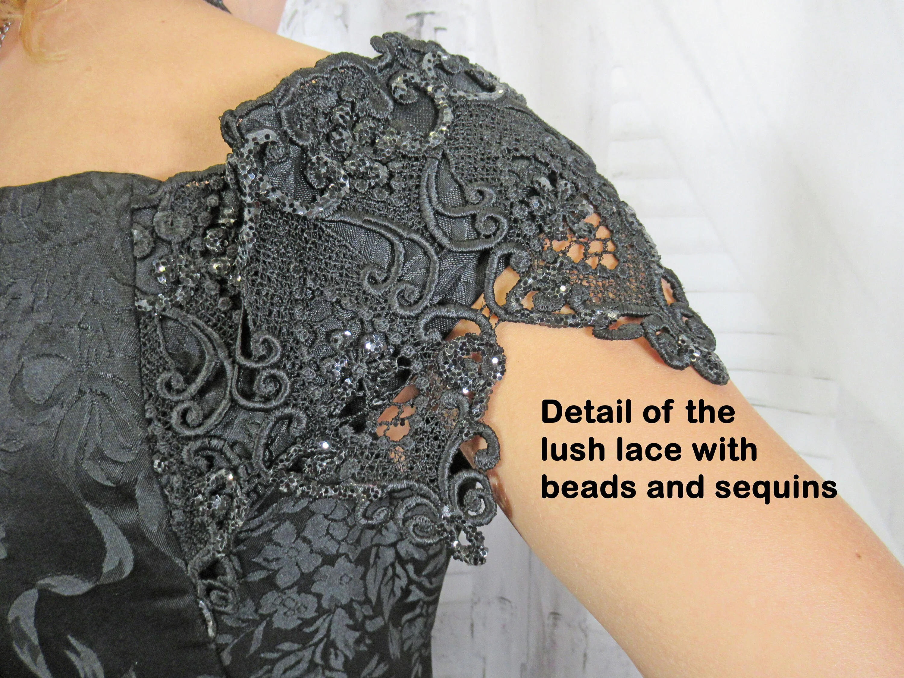 Party Dress Scott Mcclintock Short Black Off The Shoulder Sleeveless Lush Lace Beaded Overlay Top Acetatepolyester 80s Vintage by Scott Mcclintock - Image 5