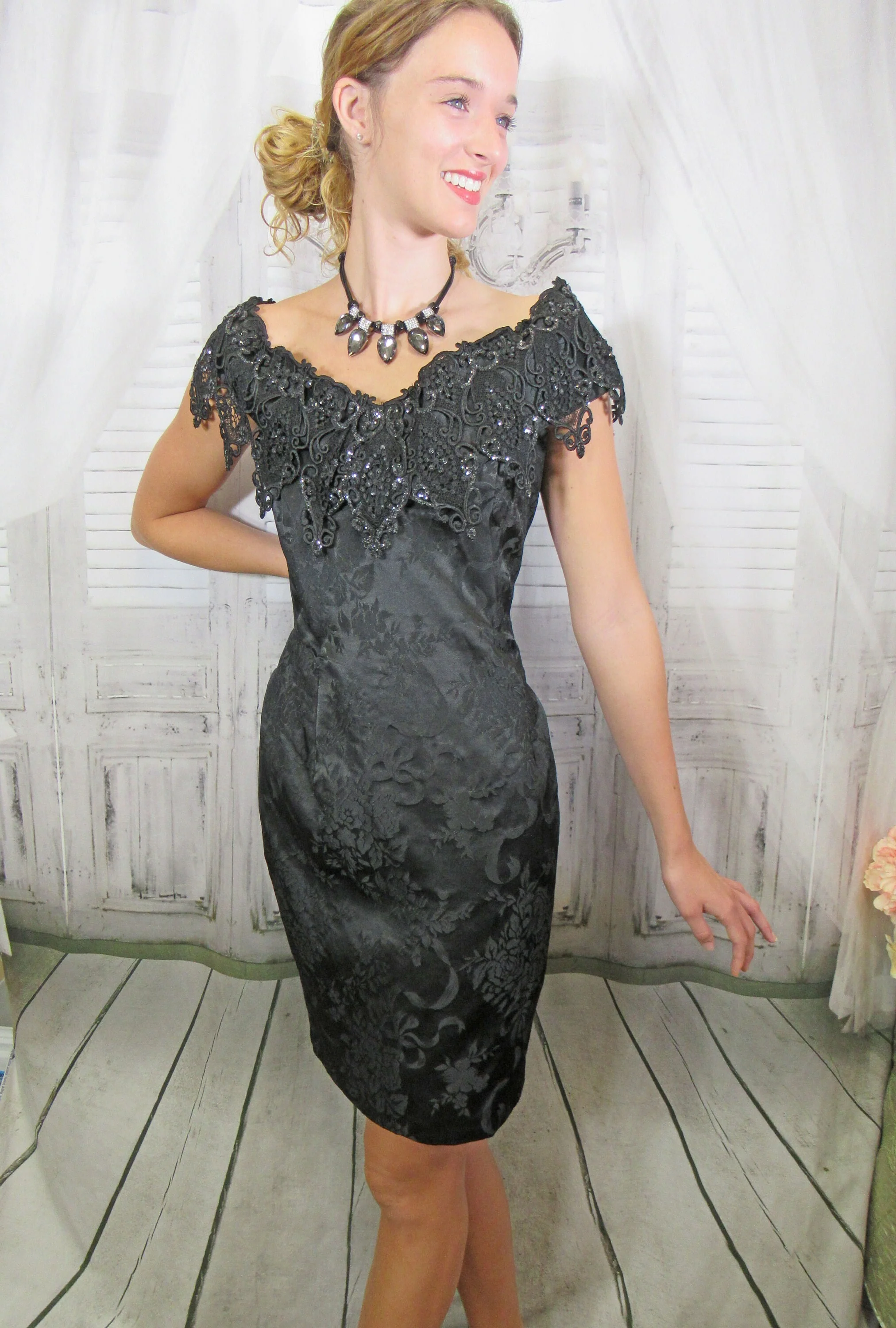 Party Dress Scott Mcclintock Short Black Off The Shoulder Sleeveless Lush Lace Beaded Overlay Top Acetatepolyester 80s Vintage by Scott Mcclintock - Image 7