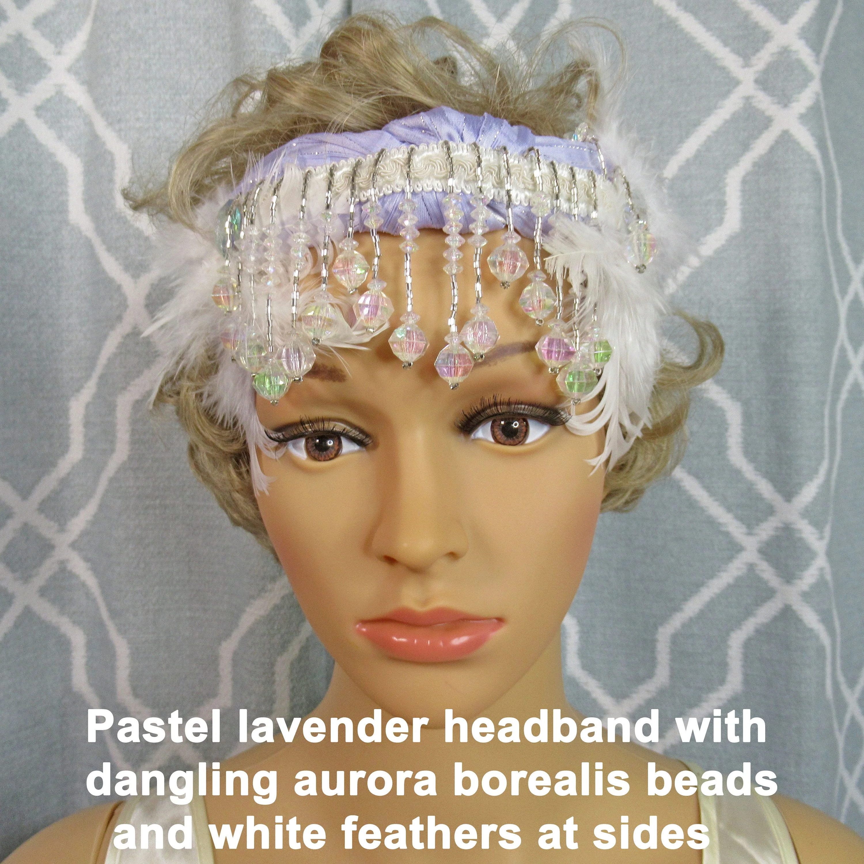 Pastel Lavender Headband with Dangling Aurora Borealis Beads and White Feathers Along The Sides 20s Inspired Headband Flapper Style - Image 10