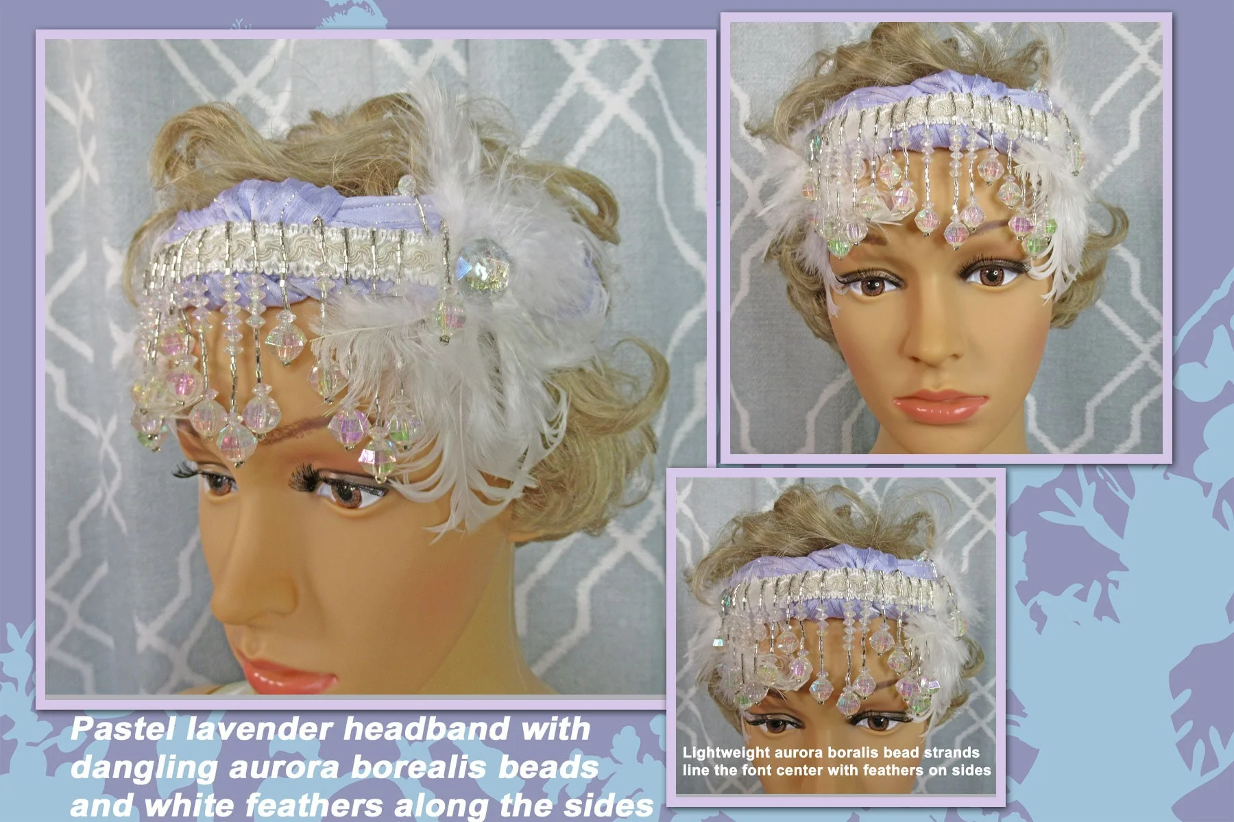 Pastel Lavender Headband with Dangling Aurora Borealis Beads and White Feathers Along The Sides 20s Inspired Headband Flapper Style - Image 2