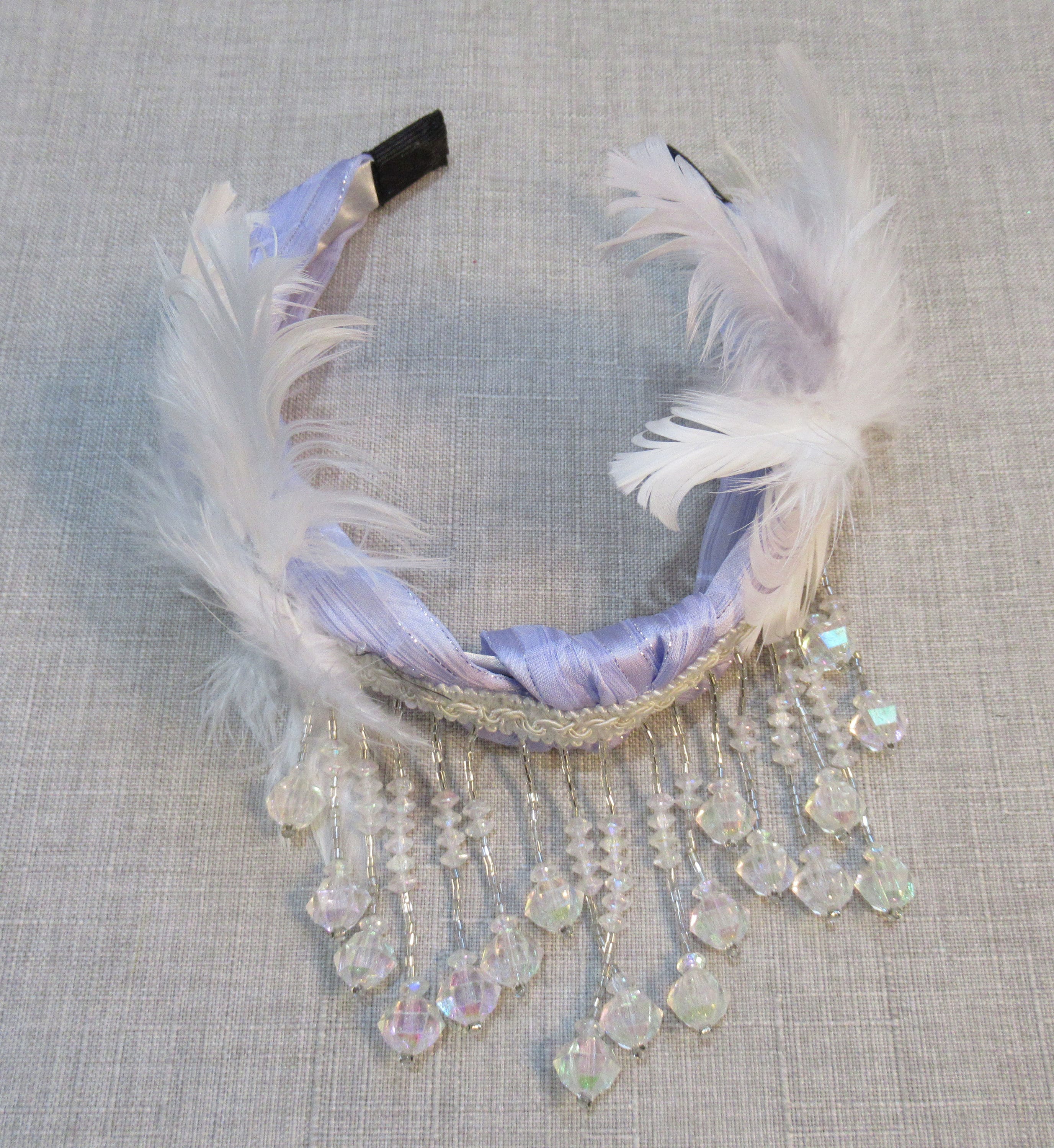 Pastel Lavender Headband with Dangling Aurora Borealis Beads and White Feathers Along The Sides 20s Inspired Headband Flapper Style - Image 3