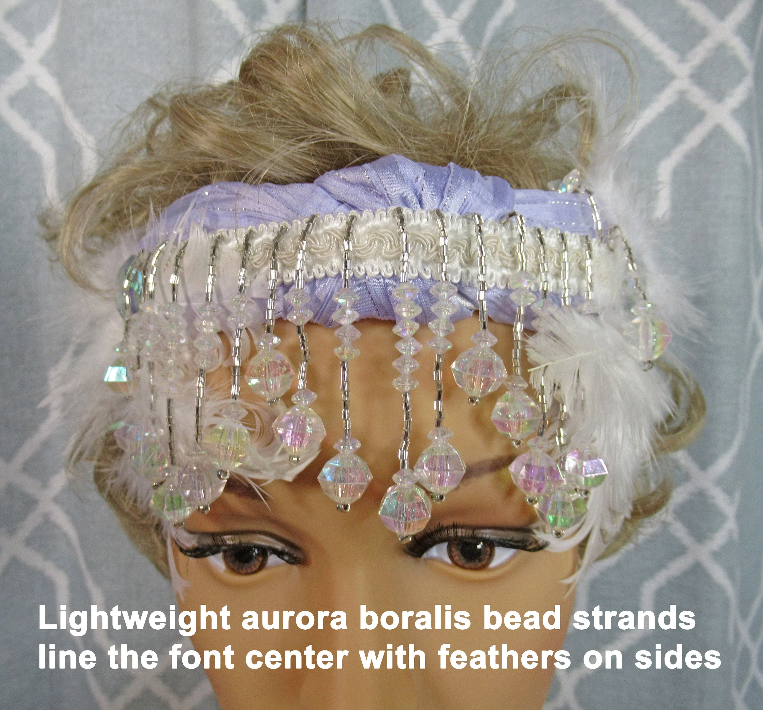 Pastel Lavender Headband with Dangling Aurora Borealis Beads and White Feathers Along The Sides 20s Inspired Headband Flapper Style - Image 8