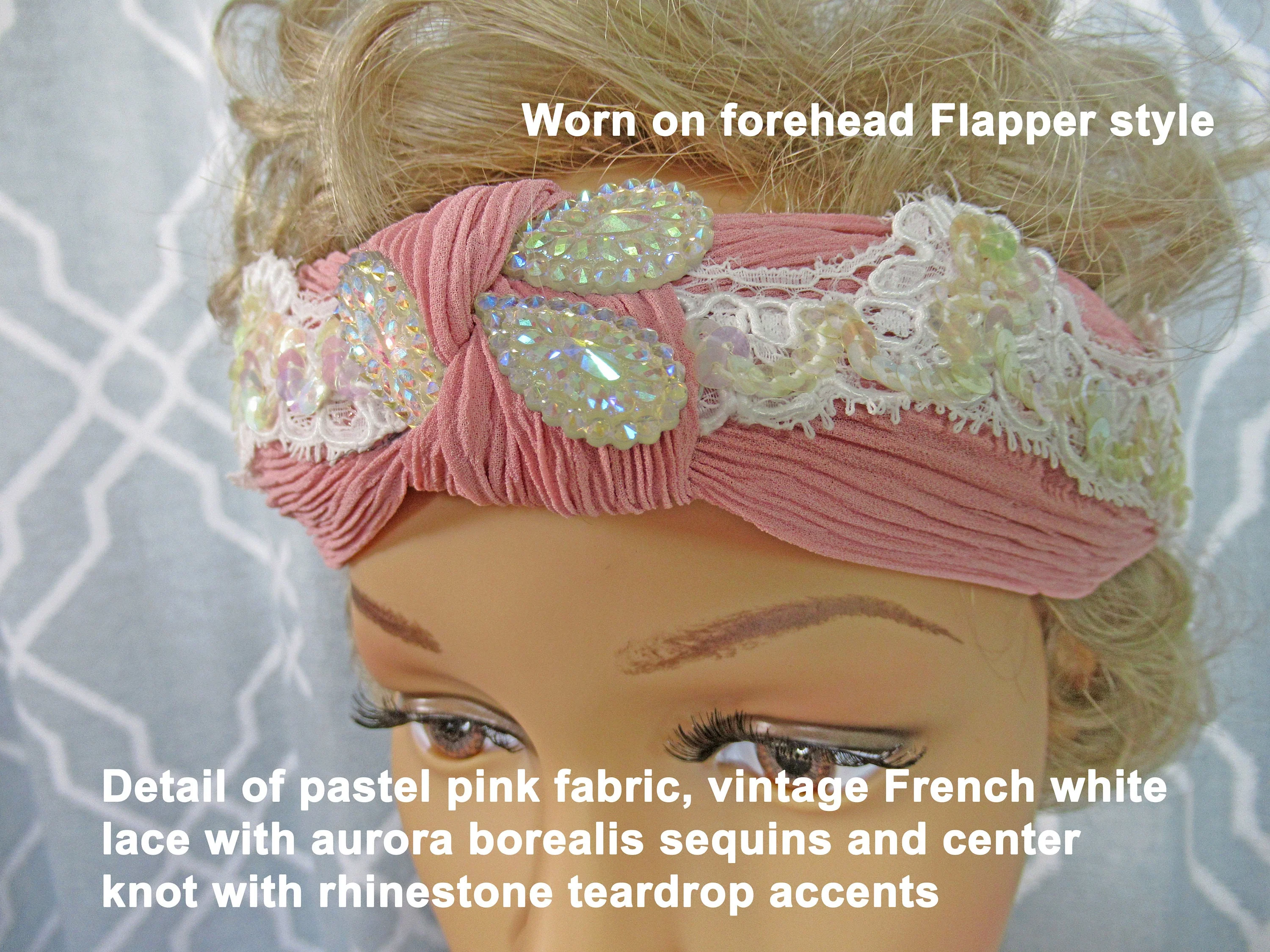Pastel Pink Fabric Headband with Vintage French Sequined White Scalloped Lace 20s Inspired Headband, Flapper Style Or As Classic Headband - Image 3