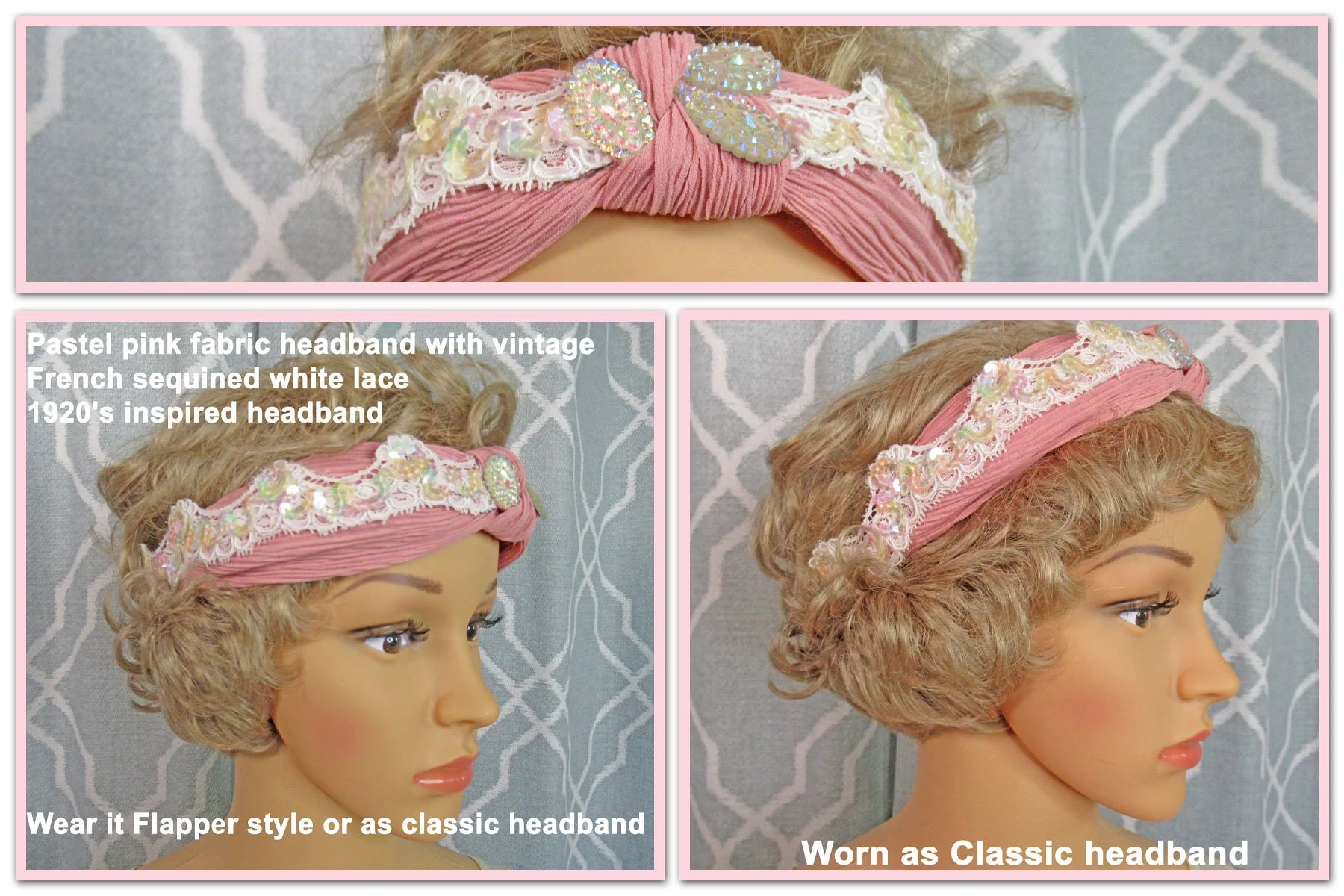 Pastel Pink Fabric Headband with Vintage French Sequined White Scalloped Lace 20s Inspired Headband, Flapper Style Or As Classic Headband - Image 4