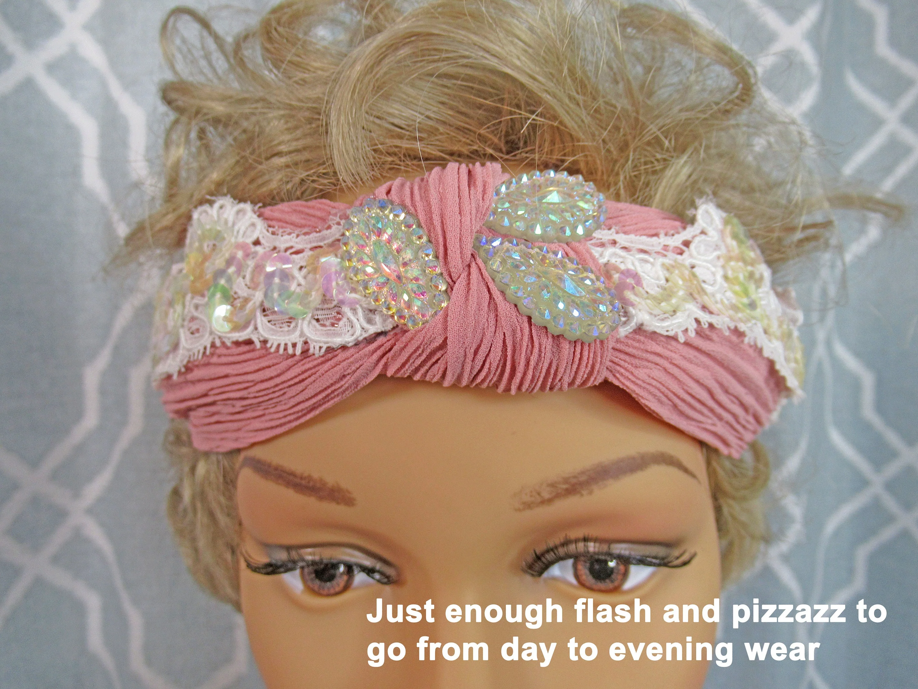 Pastel Pink Fabric Headband with Vintage French Sequined White Scalloped Lace 20s Inspired Headband, Flapper Style Or As Classic Headband - Image 8