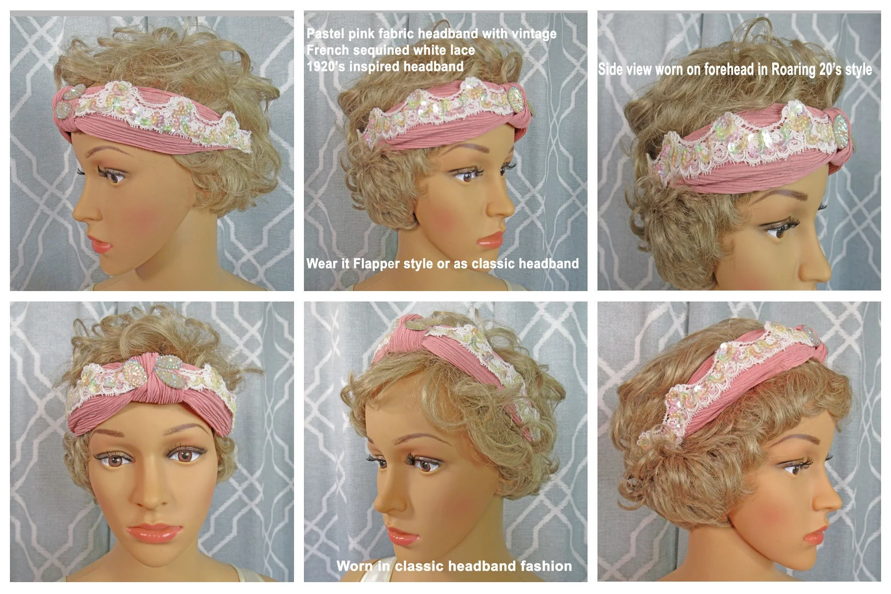 Pastel Pink Fabric Headband with Vintage French Sequined White Scalloped Lace 20s Inspired Headband, Flapper Style Or As Classic Headband - Image 9